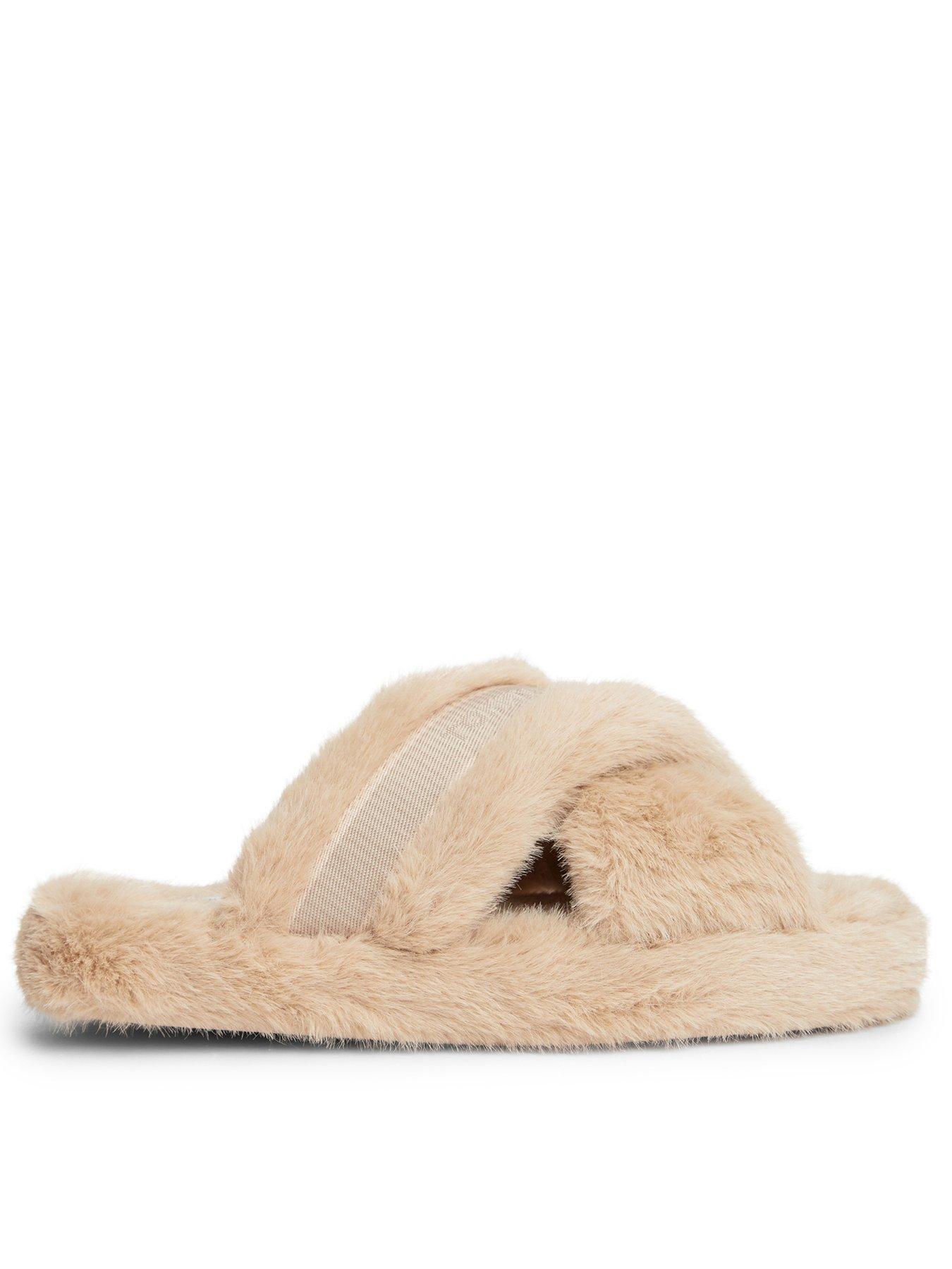 Image 1 of 6 of Tommy Hilfiger Faux Fur Crossover Strap Slippers - Beige