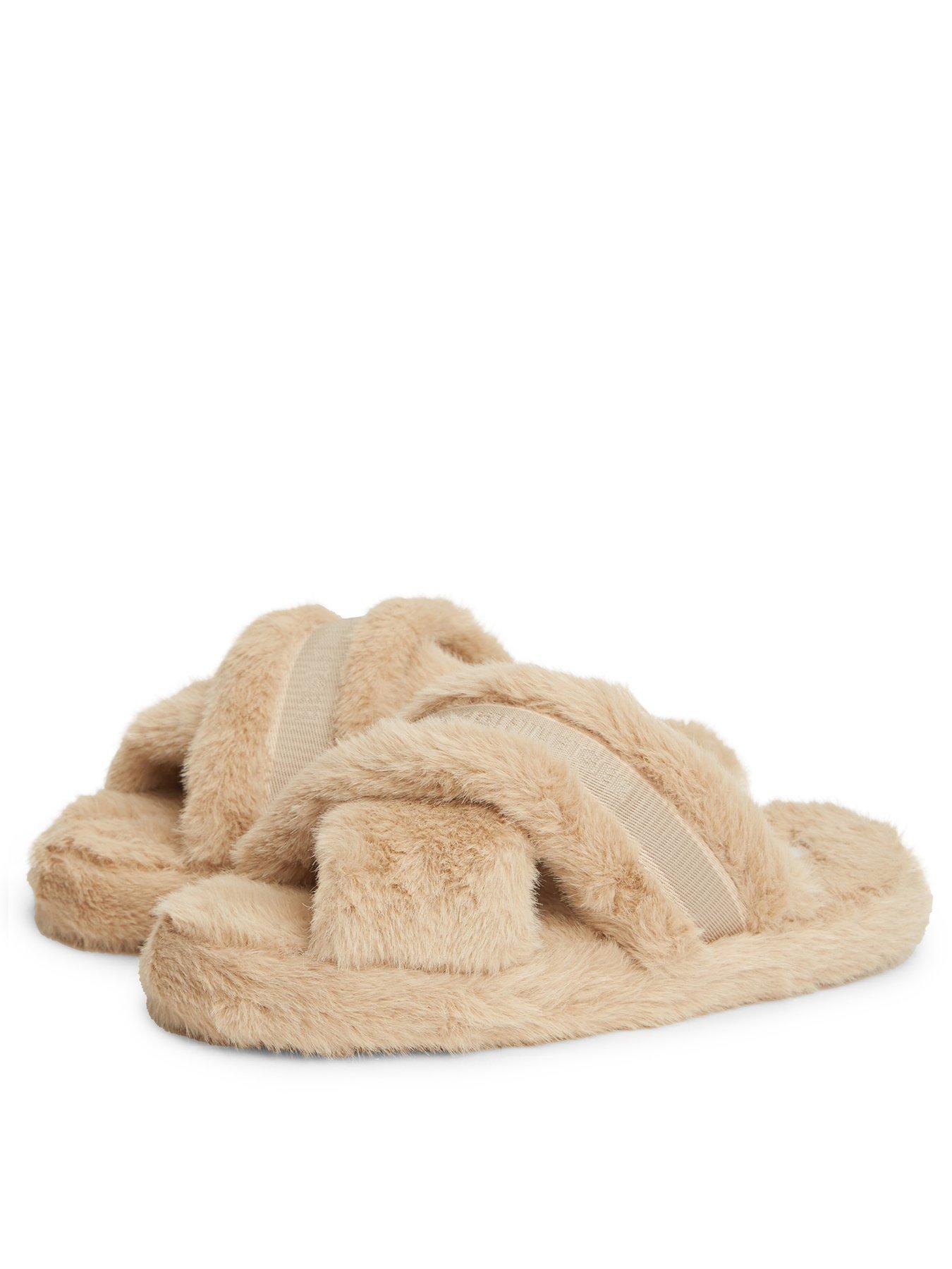 Image 2 of 6 of Tommy Hilfiger Faux Fur Crossover Strap Slippers - Beige