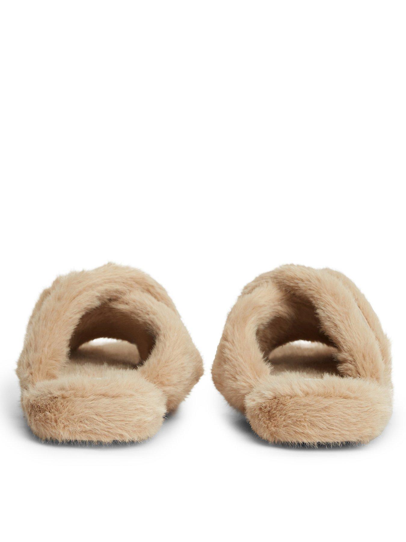 Image 3 of 6 of Tommy Hilfiger Faux Fur Crossover Strap Slippers - Beige