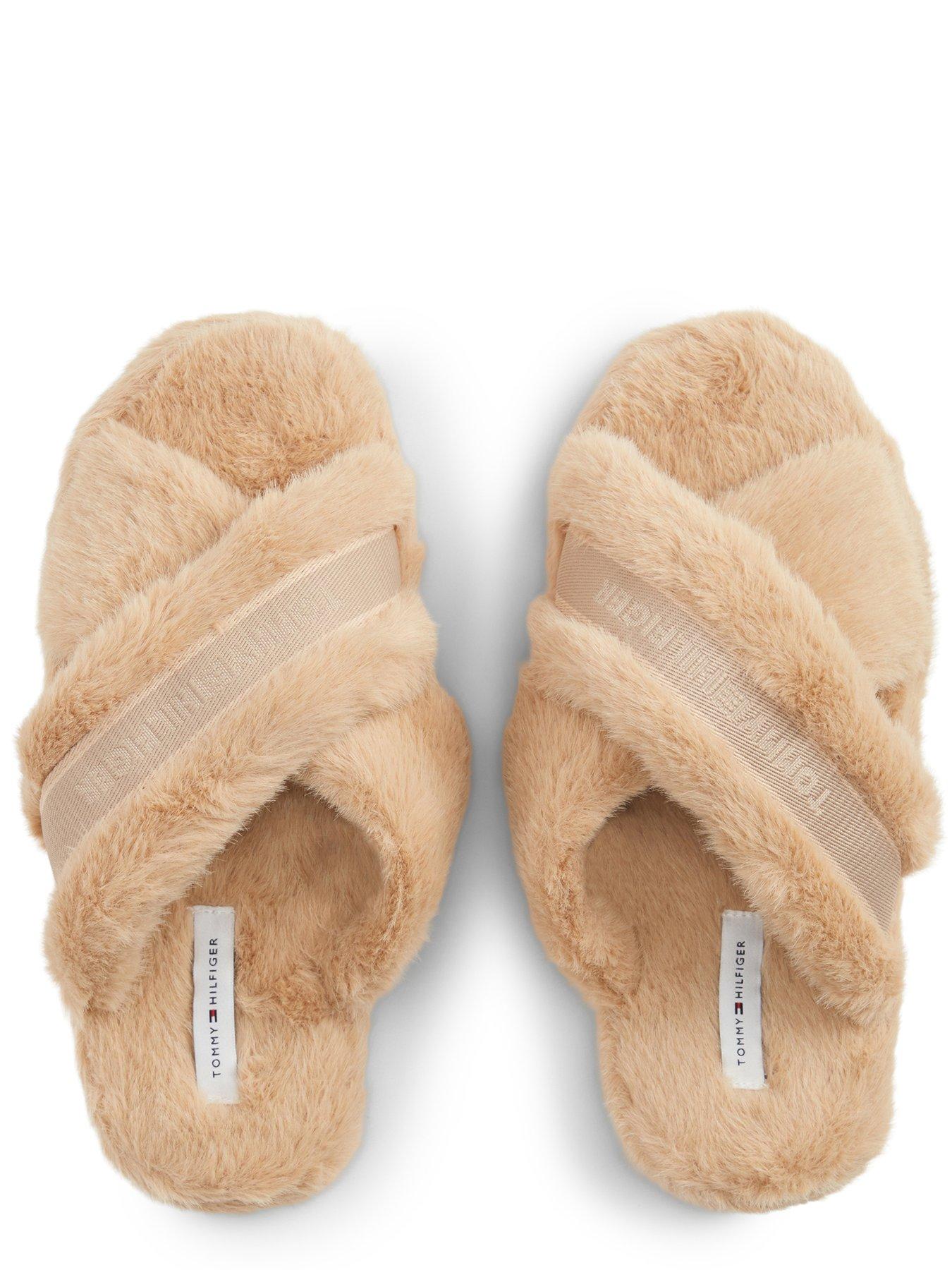 Image 4 of 6 of Tommy Hilfiger Faux Fur Crossover Strap Slippers - Beige