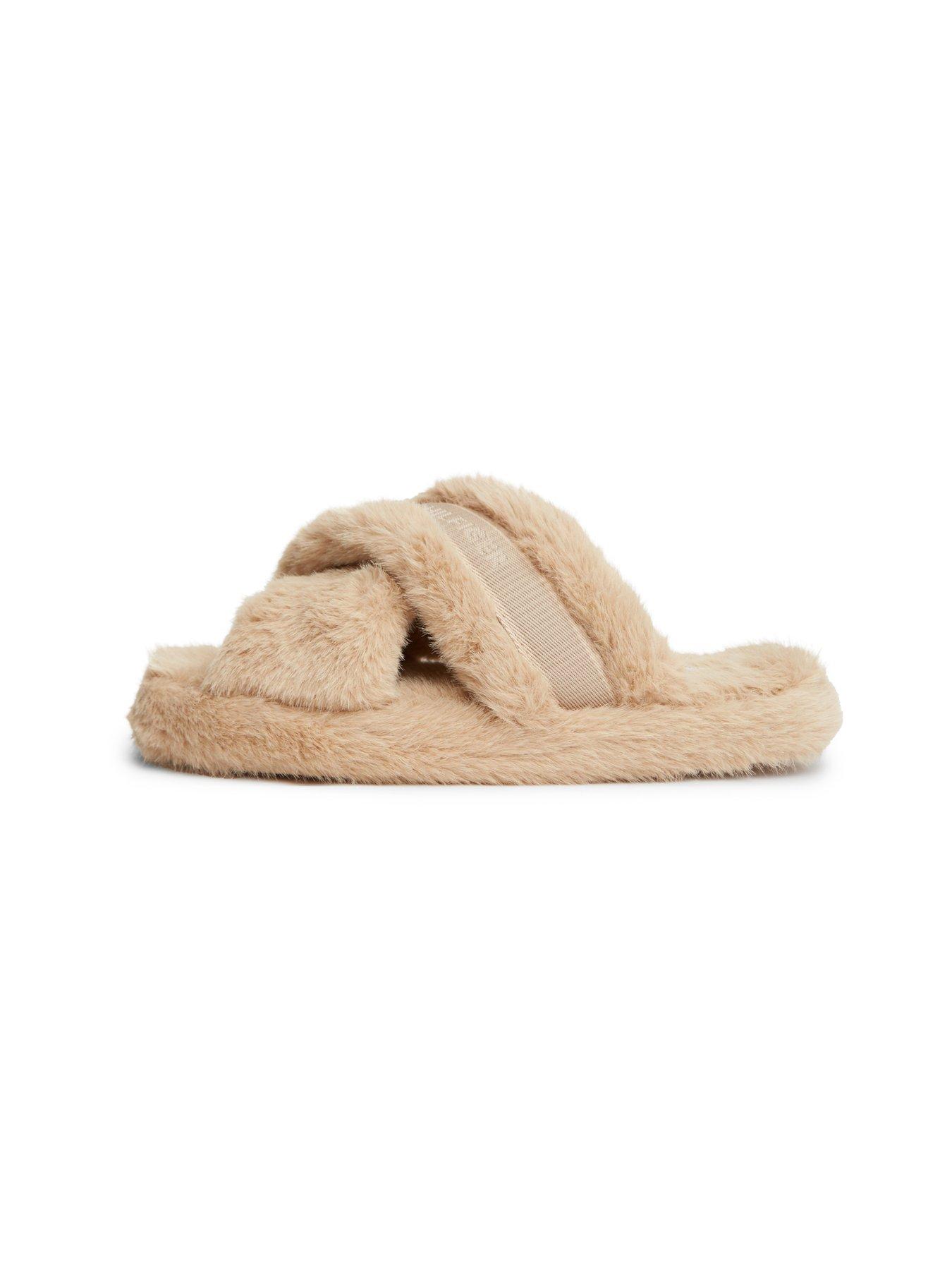 Image 6 of 6 of Tommy Hilfiger Faux Fur Crossover Strap Slippers - Beige