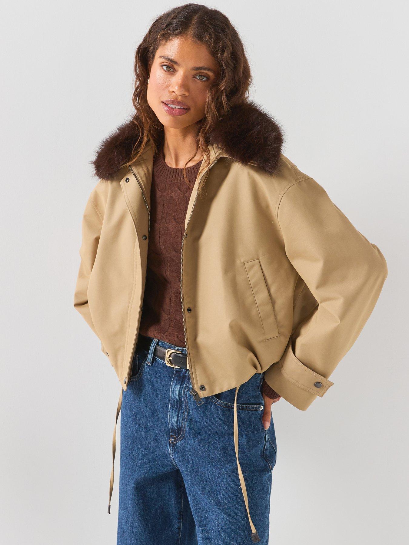 Tommy Hilfiger Women's Cotton Jacket with Faux Fur Collar - Brown