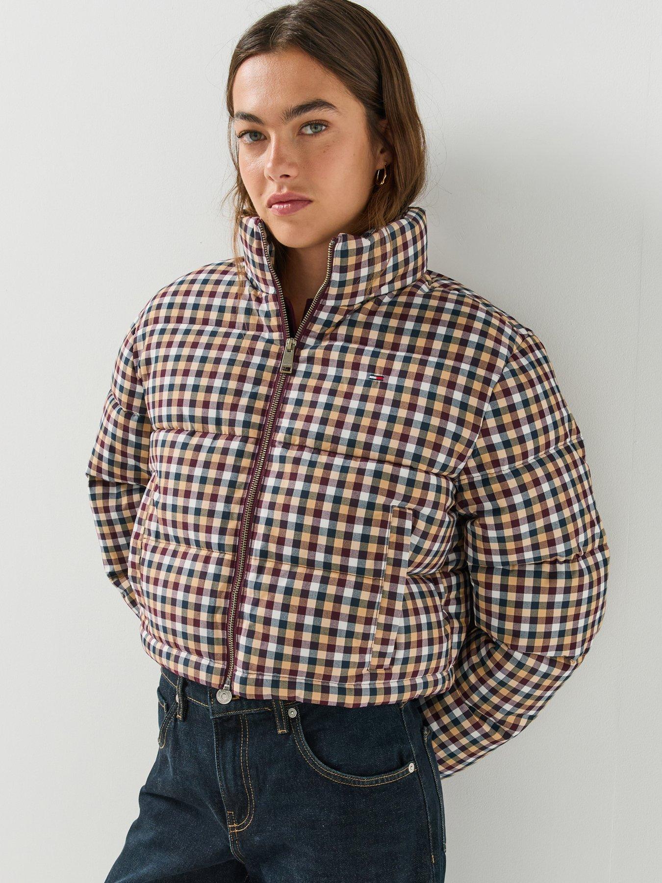 Image 1 of 6 of Tommy Jeans Womens Cropped Relaxed Check Puffer Jacket - Multi