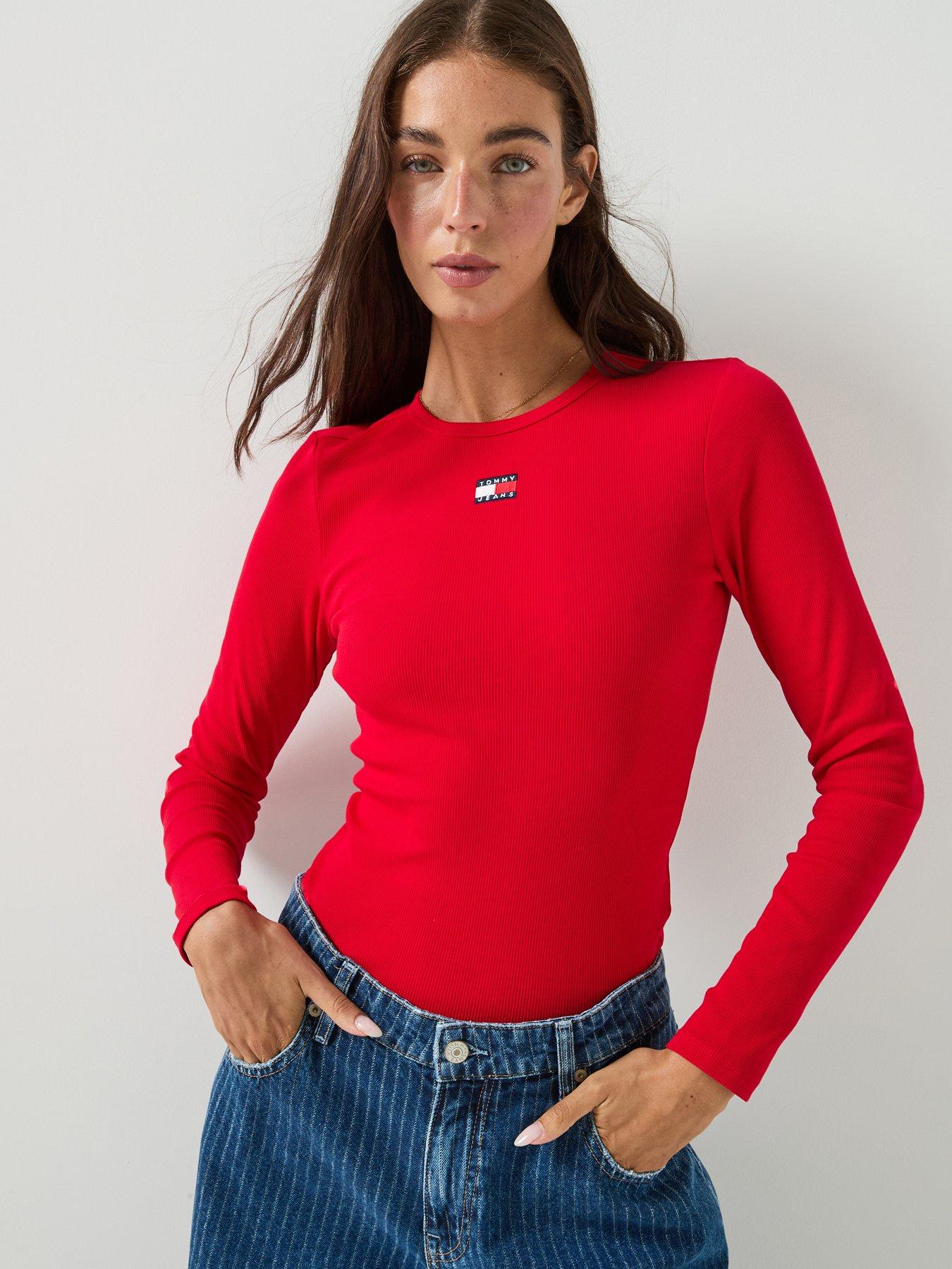 Image 1 of 6 of Tommy Jeans Women's Slim Fit Long Sleeve Badge T Shirt - Red