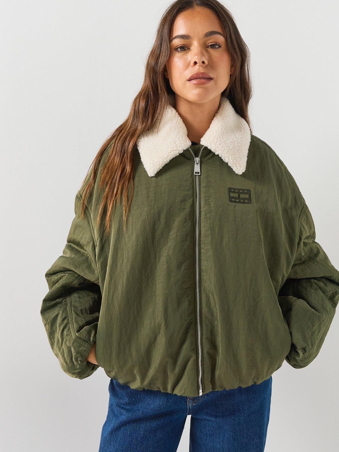Tommy Jeans Women's Faux Fur Collar Utility Bomber Jacket - Green