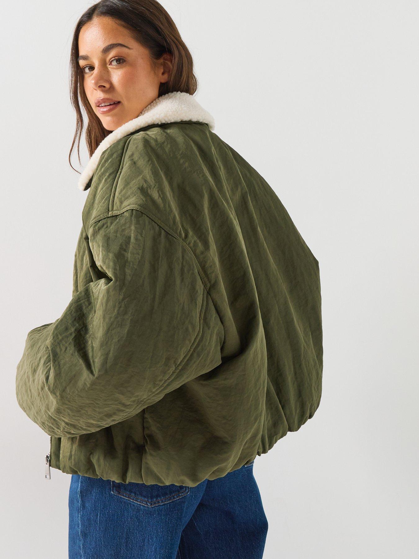 Image 2 of 4 of Tommy Jeans Faux Fur Collar Oversized Bomber Jacket - Dark Green
