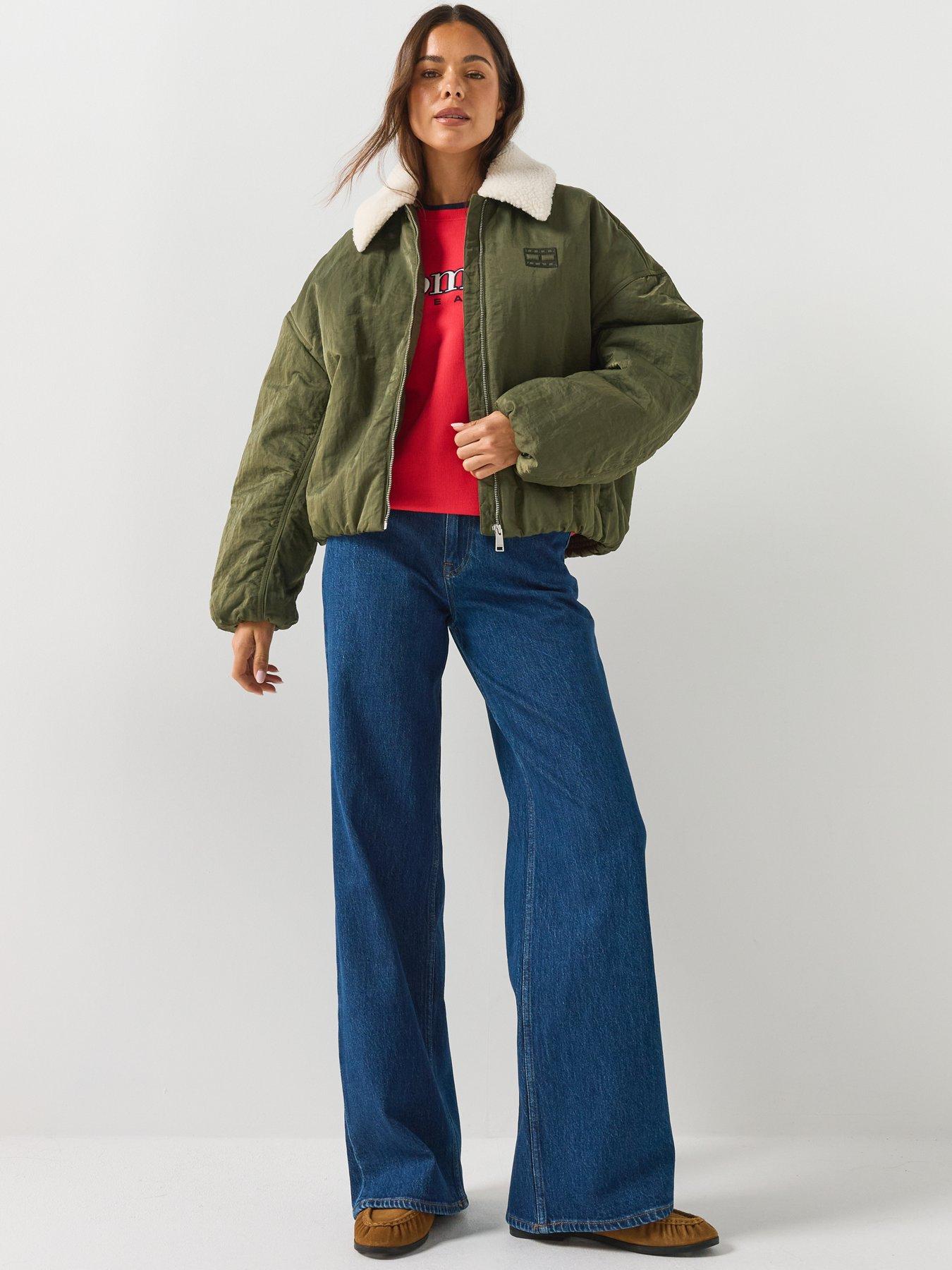 Image 3 of 4 of Tommy Jeans Faux Fur Collar Oversized Bomber Jacket - Dark Green