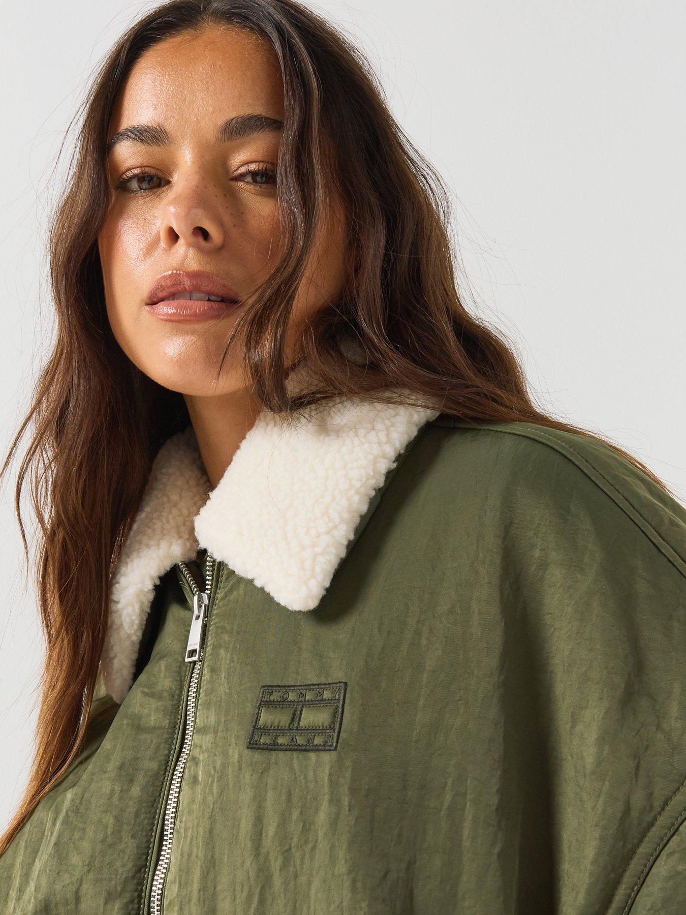 Image 4 of 4 of Tommy Jeans Faux Fur Collar Oversized Bomber Jacket - Dark Green