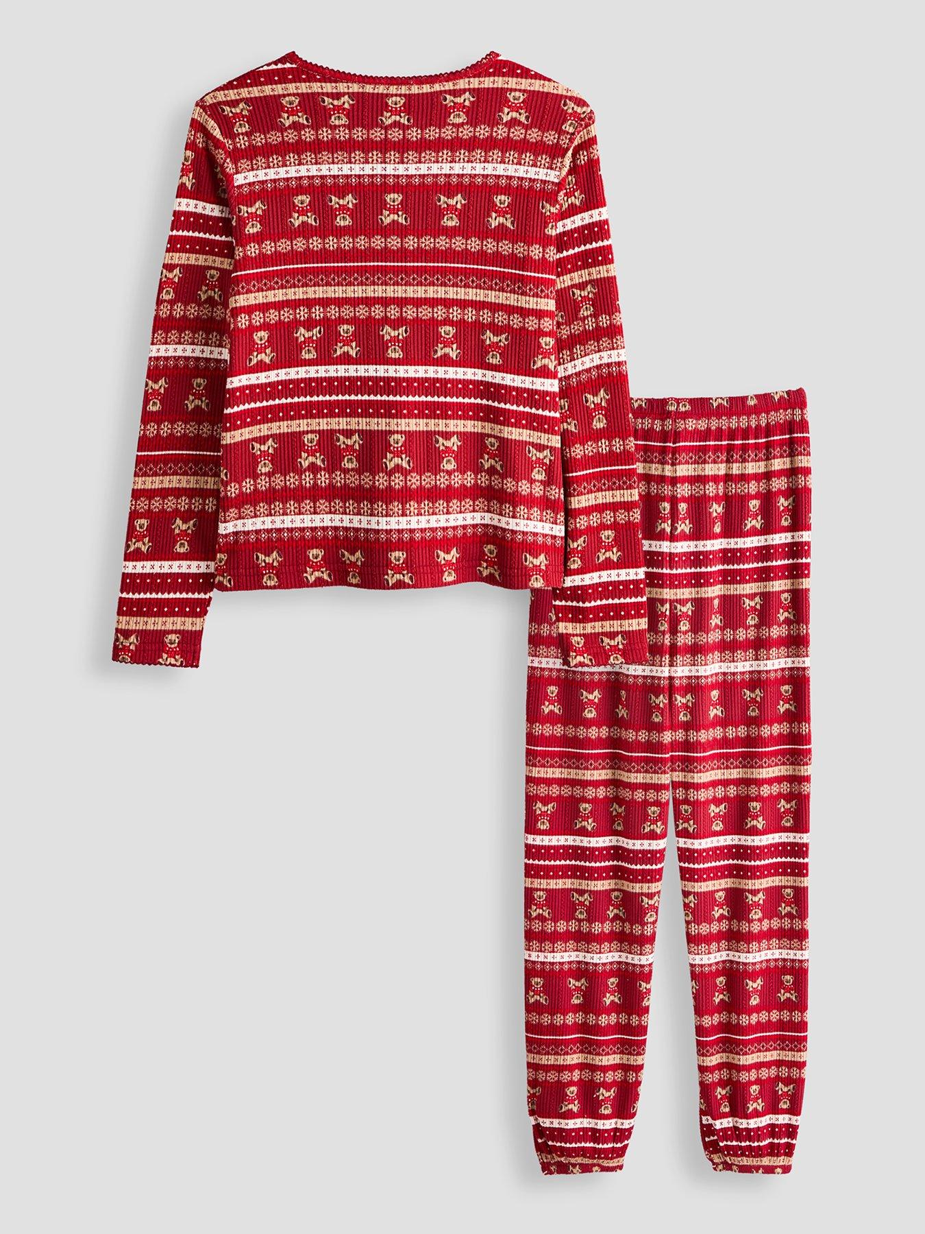 Image 3 of 6 of The Very Collection Girls Family Christmas Pyjamas Pointelle Fairisle Henley And Jogger Set - Red