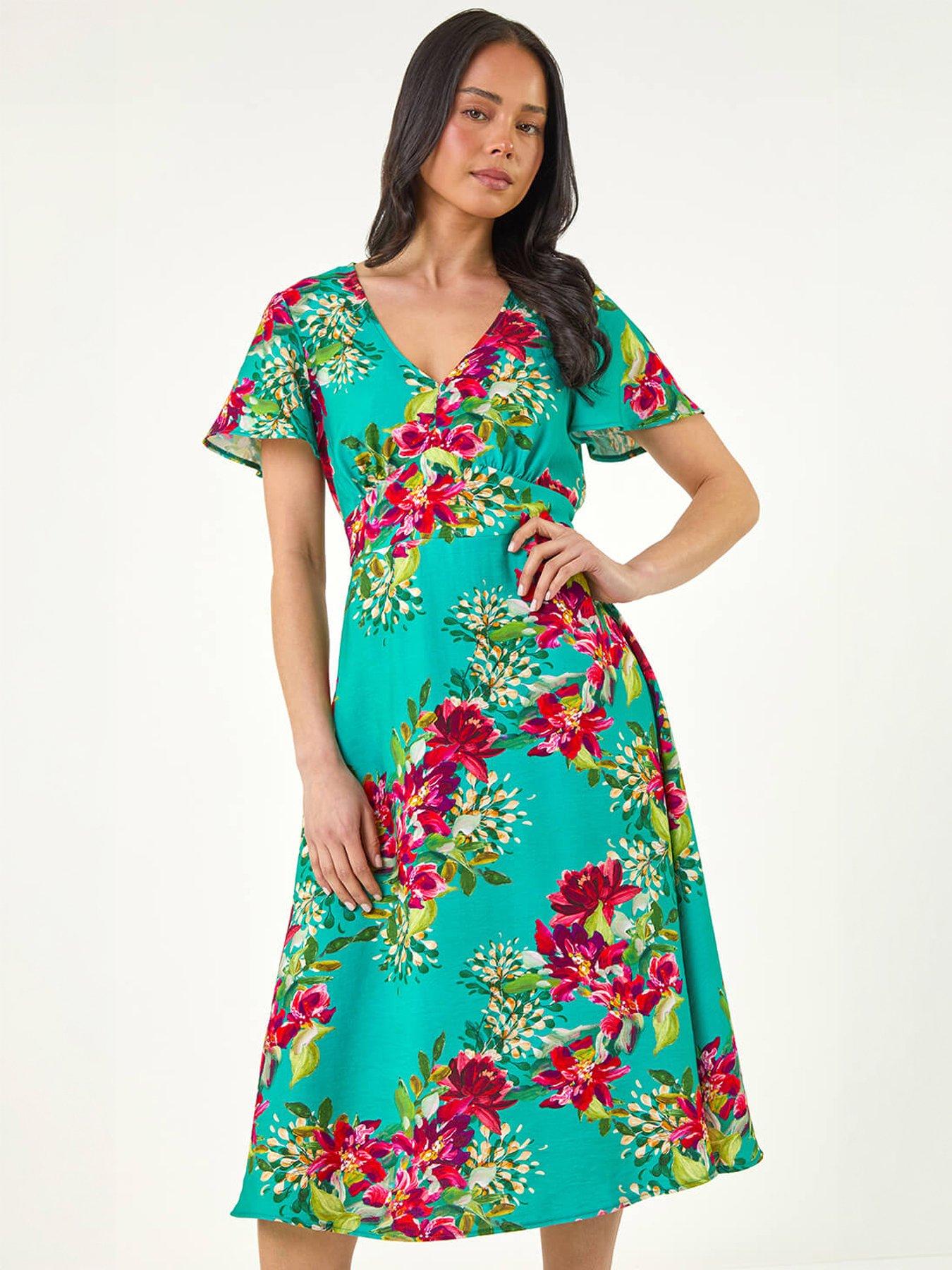 Roman Petite Floral V-Neck Midi Dress