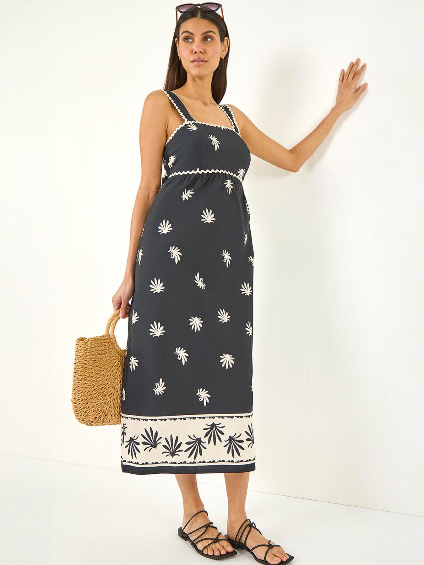 Roman Leaf Print Ric Rac Midi Dress