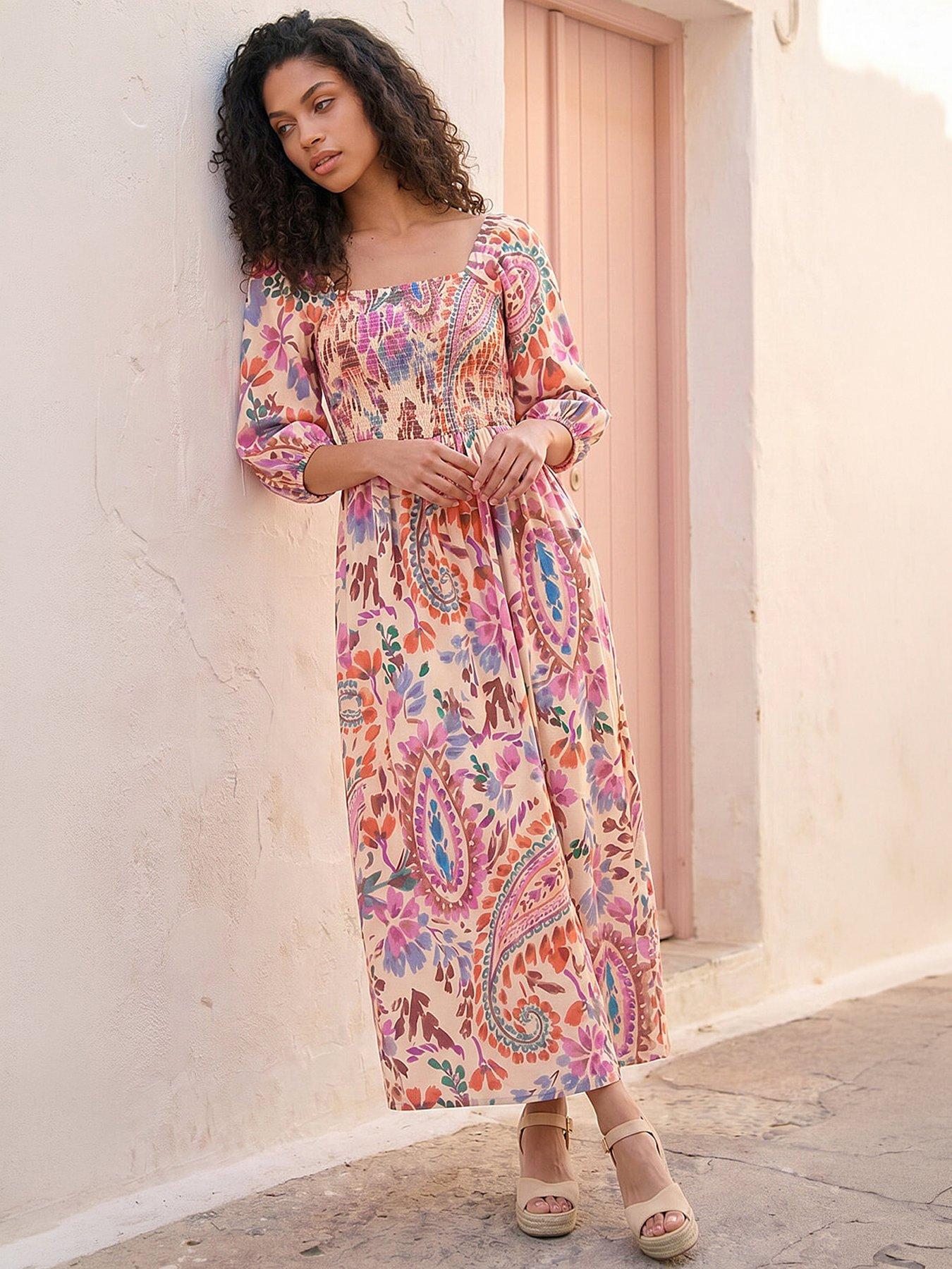 Roman Petite Paisley Print Shirred Dress