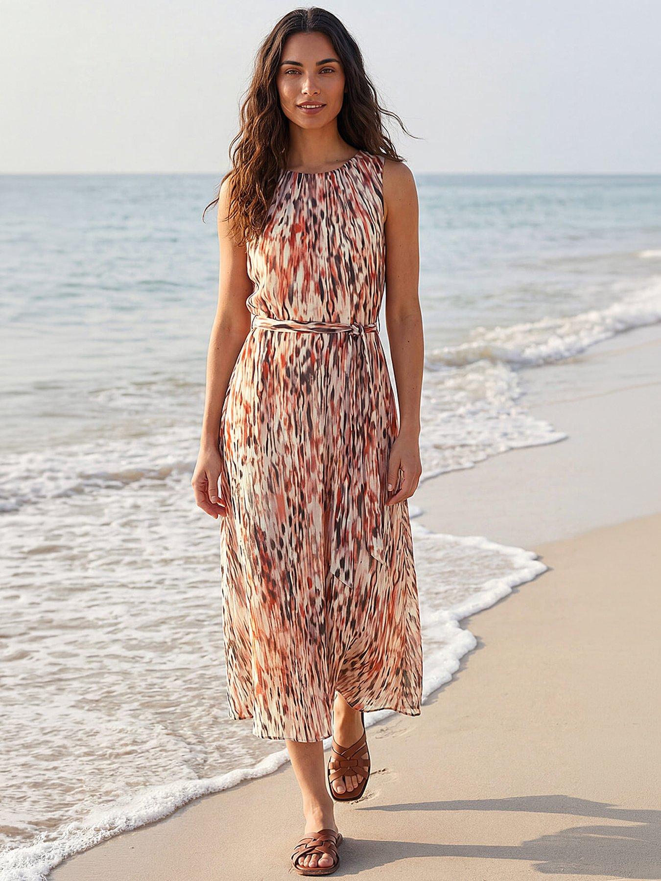 Roman Animal Print Chiffon Pleat Neck Midi Dress