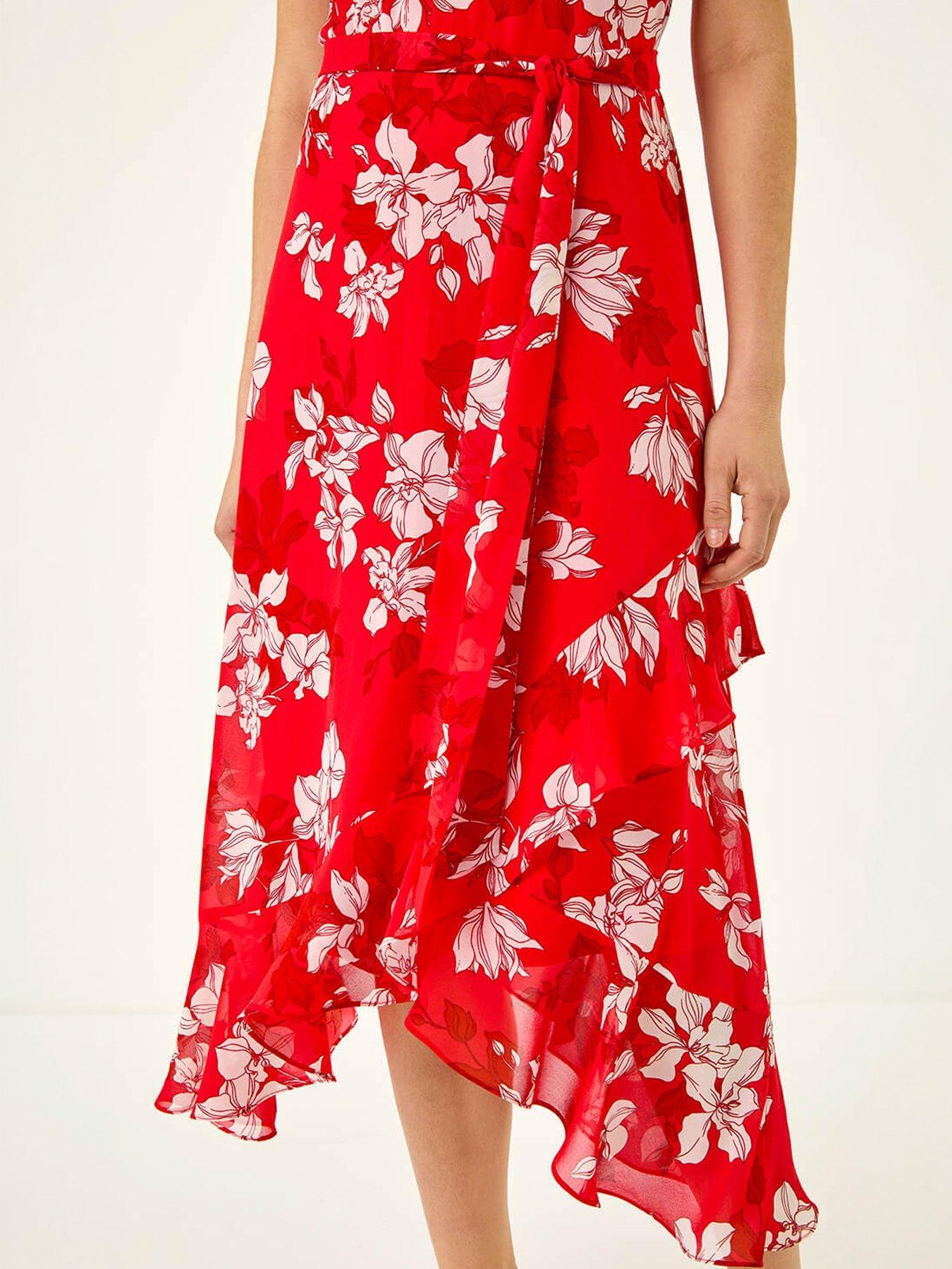 Image 2 of 5 of Roman Floral Print Frill Wrap Midi Dress