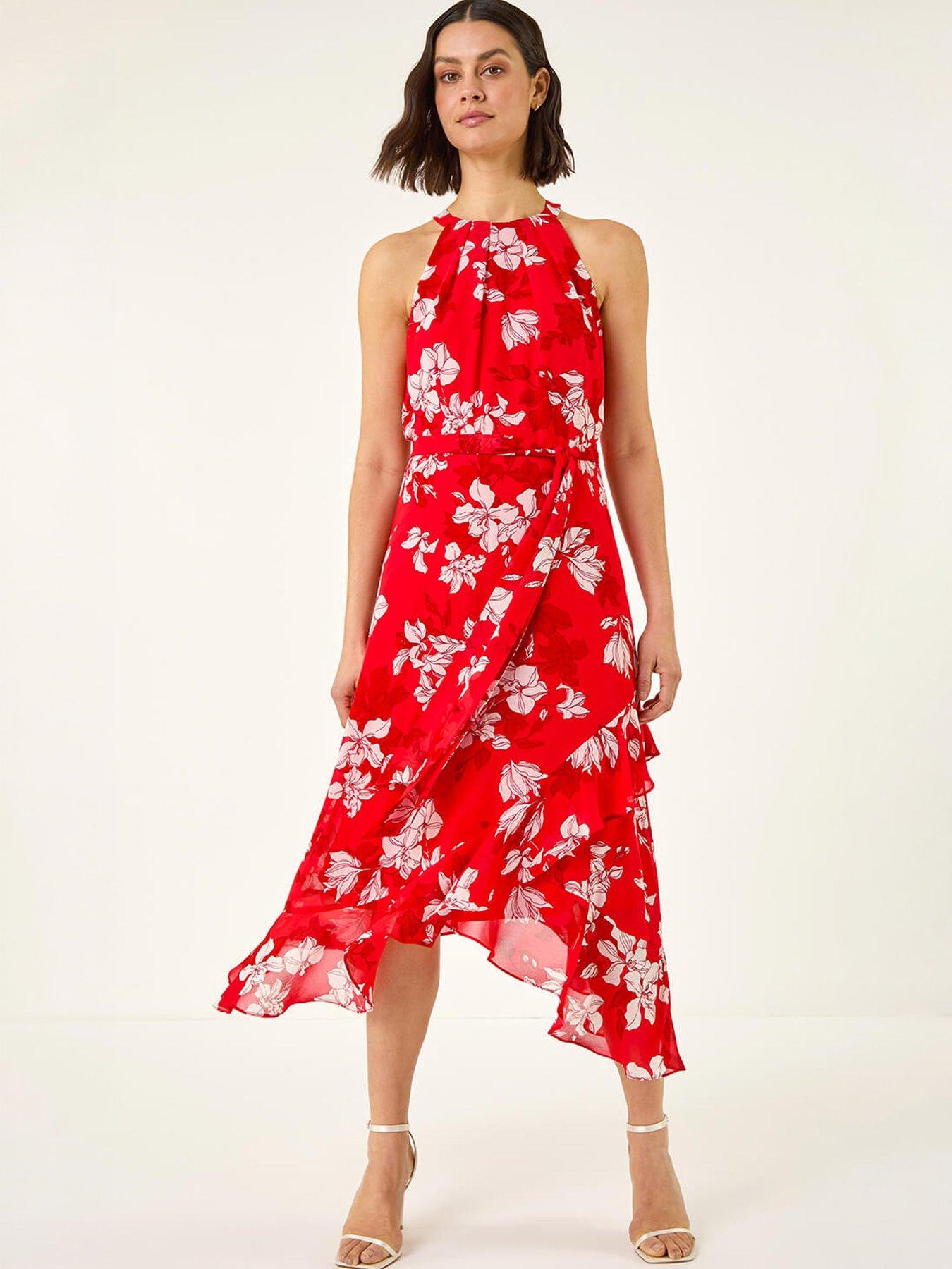 Image 5 of 5 of Roman Floral Print Frill Wrap Midi Dress