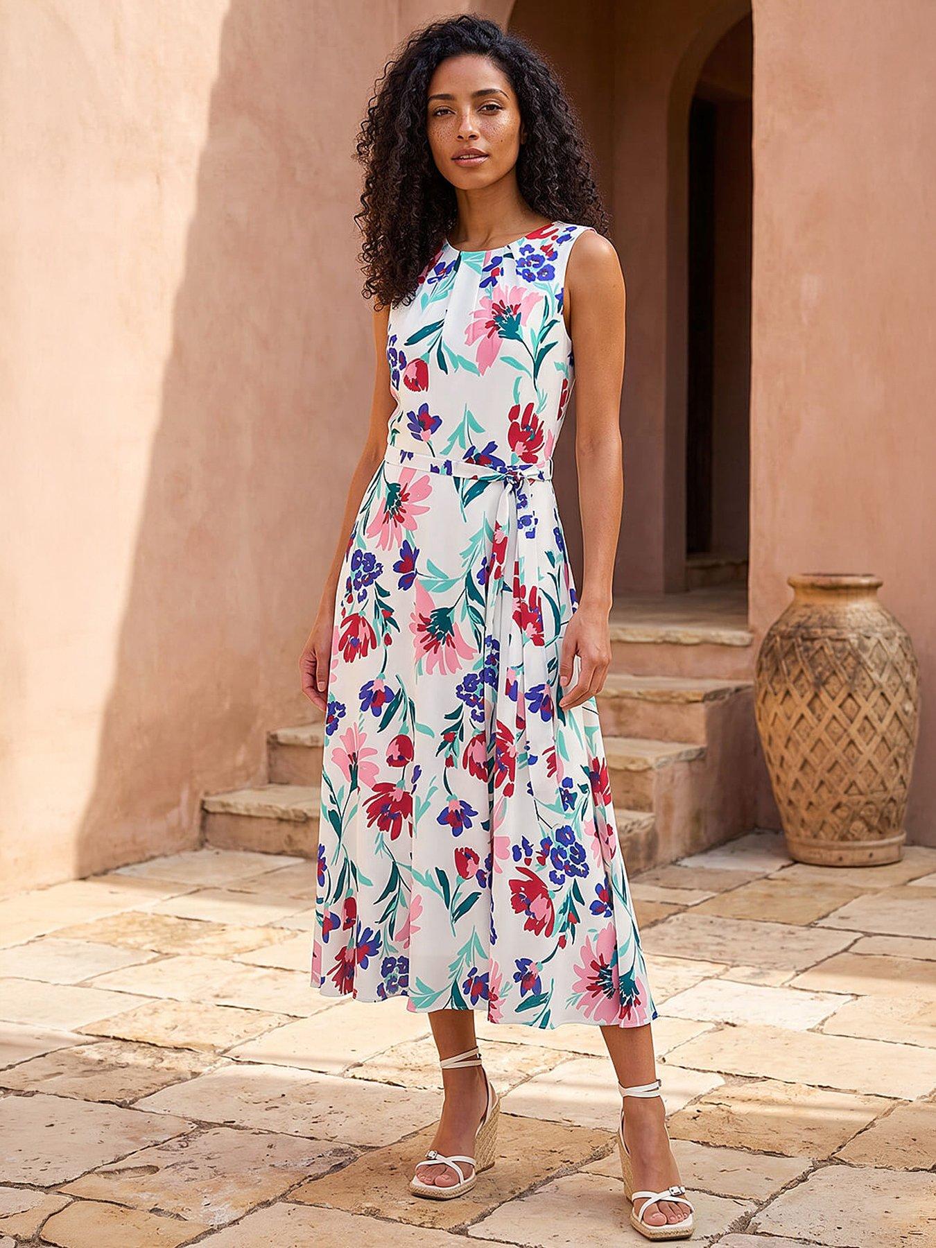 Image 1 of 5 of Roman Pleat Neck Floral Midi Dress