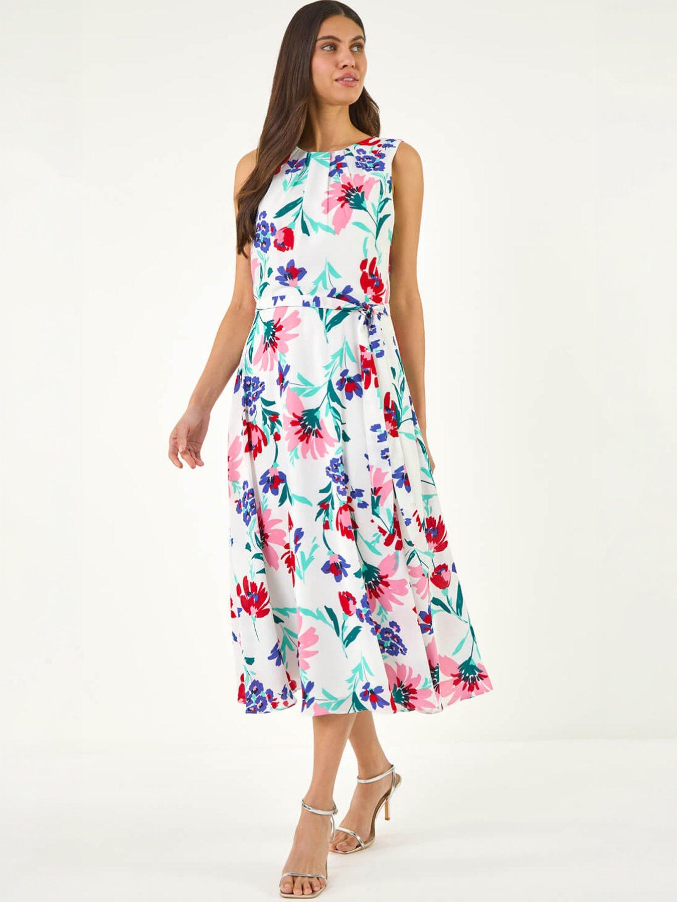 Image 5 of 5 of Roman Pleat Neck Floral Midi Dress