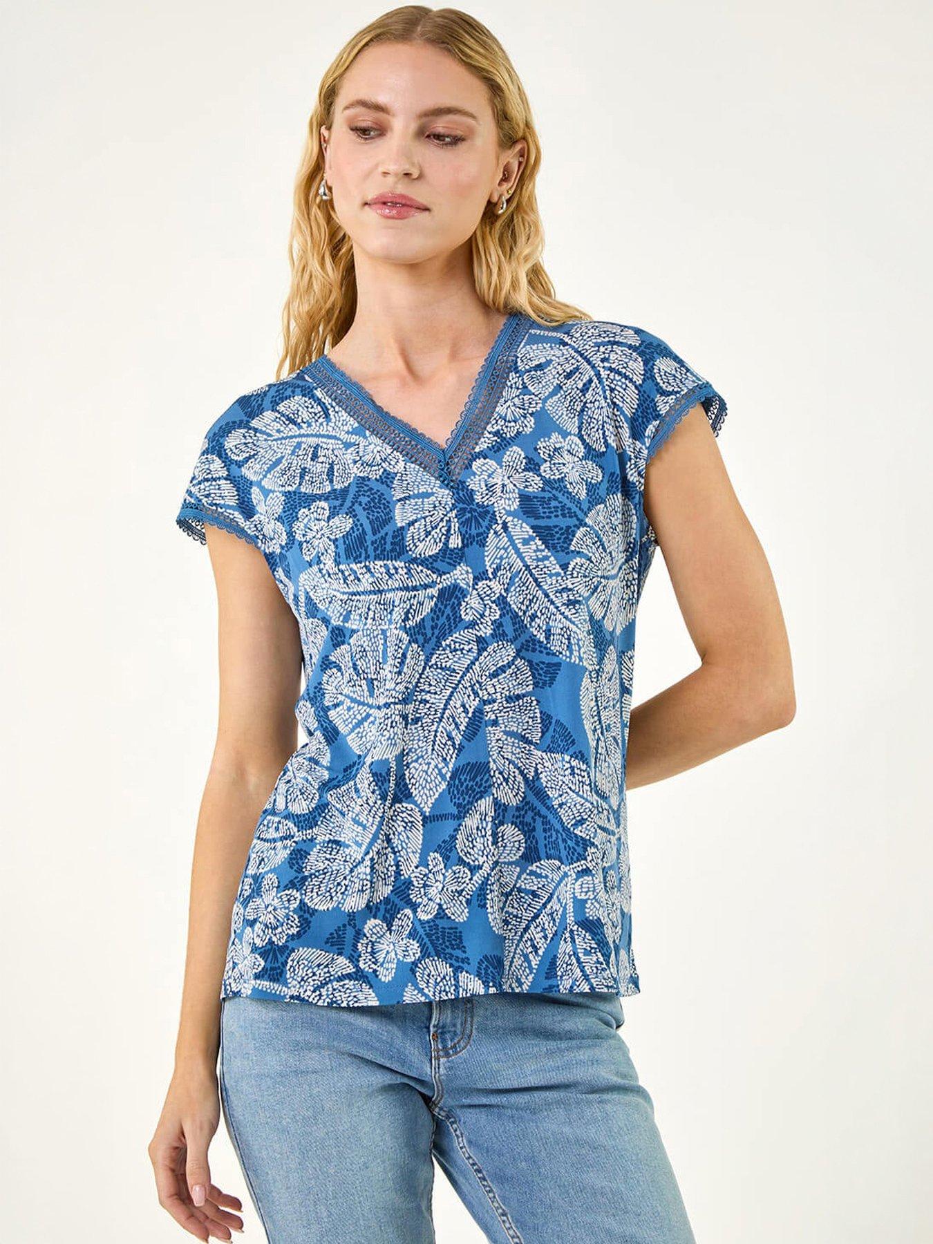 Roman Leaf Print Lace Trim Top