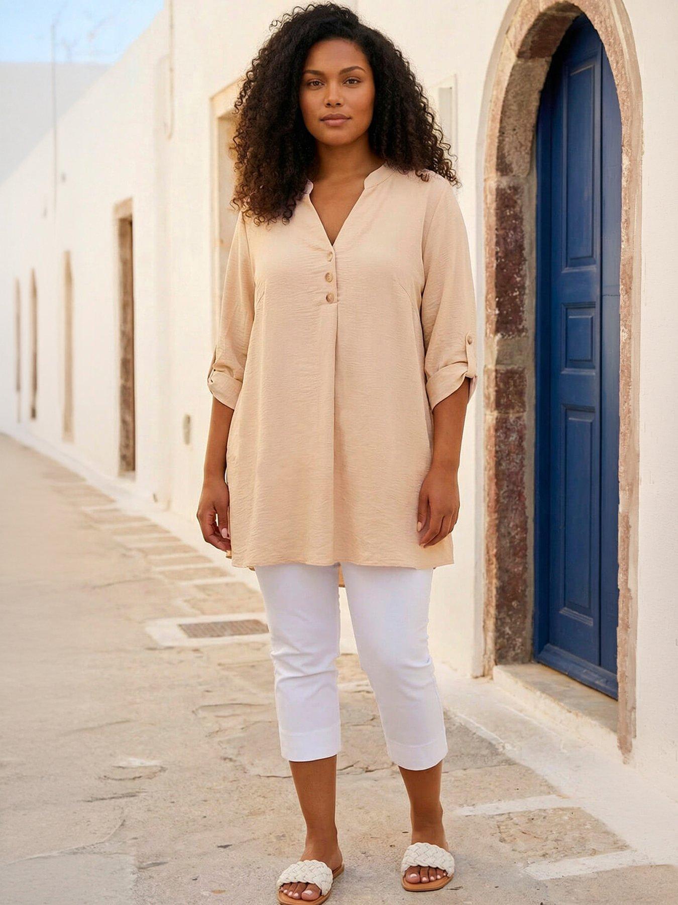 Image 1 of 4 of Roman Curve Textured Buttoned Tunic Top