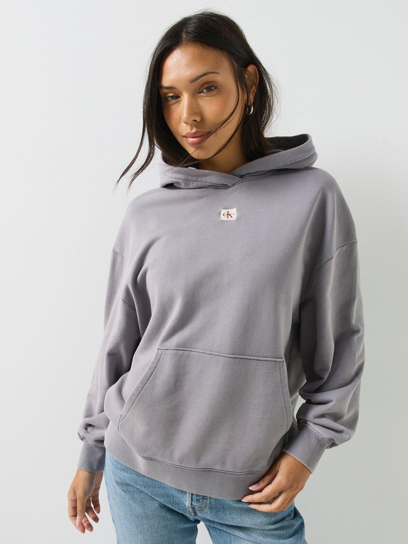 Image 1 of 6 of Calvin Klein Jeans Long Sleeve Woven Label Terry Pullover Hoodie - Grey