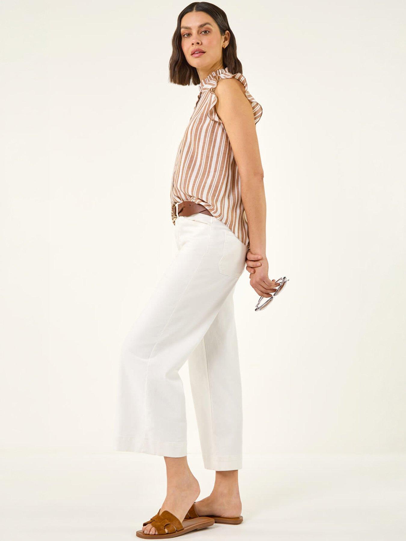 Roman Stripe Print Frill Sleeve Blouse