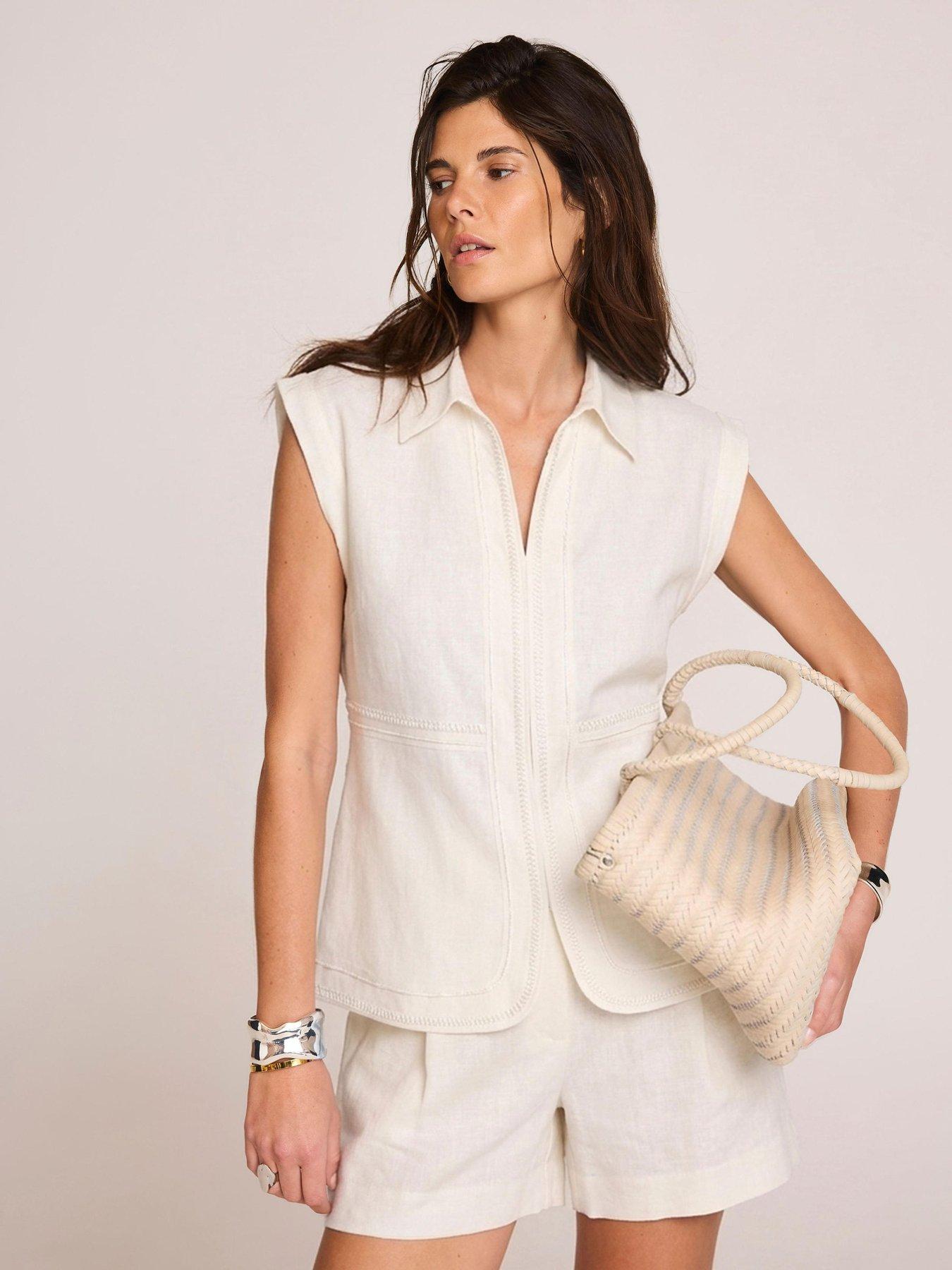 Image 1 of 6 of Mint Velvet Ivory Linen Trim Resort Shirt - White