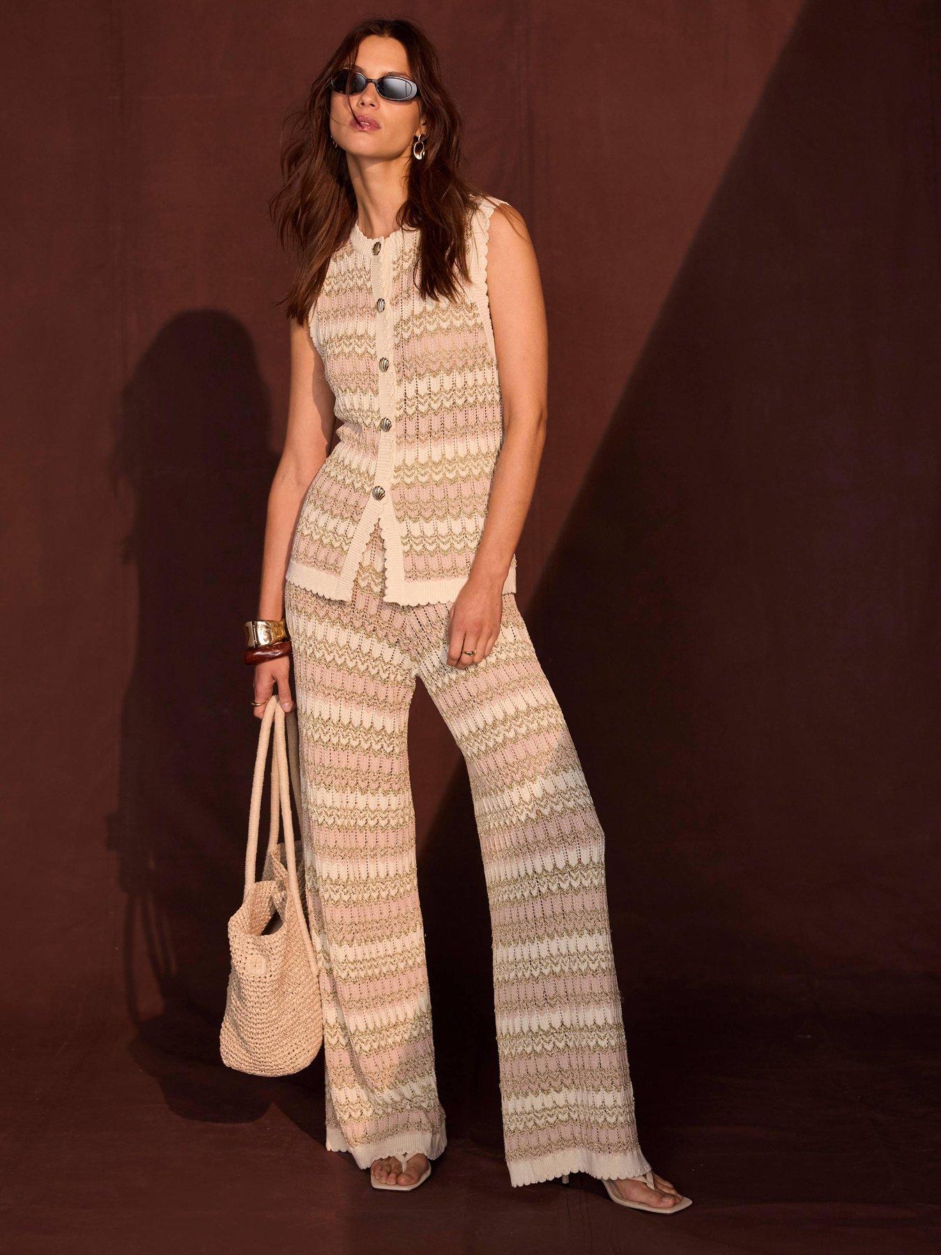  image of mint-velvet-neutral-stripe-knit-trousers