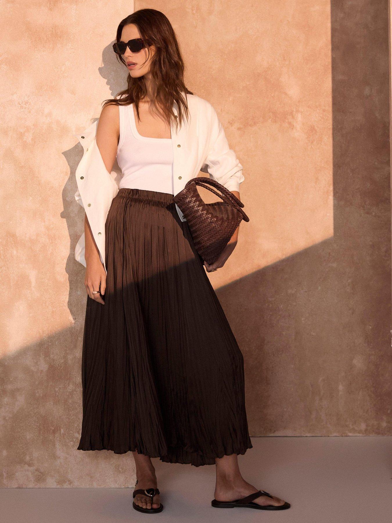 Image 1 of 6 of Mint Velvet Brown Crinkle Maxi Skirt