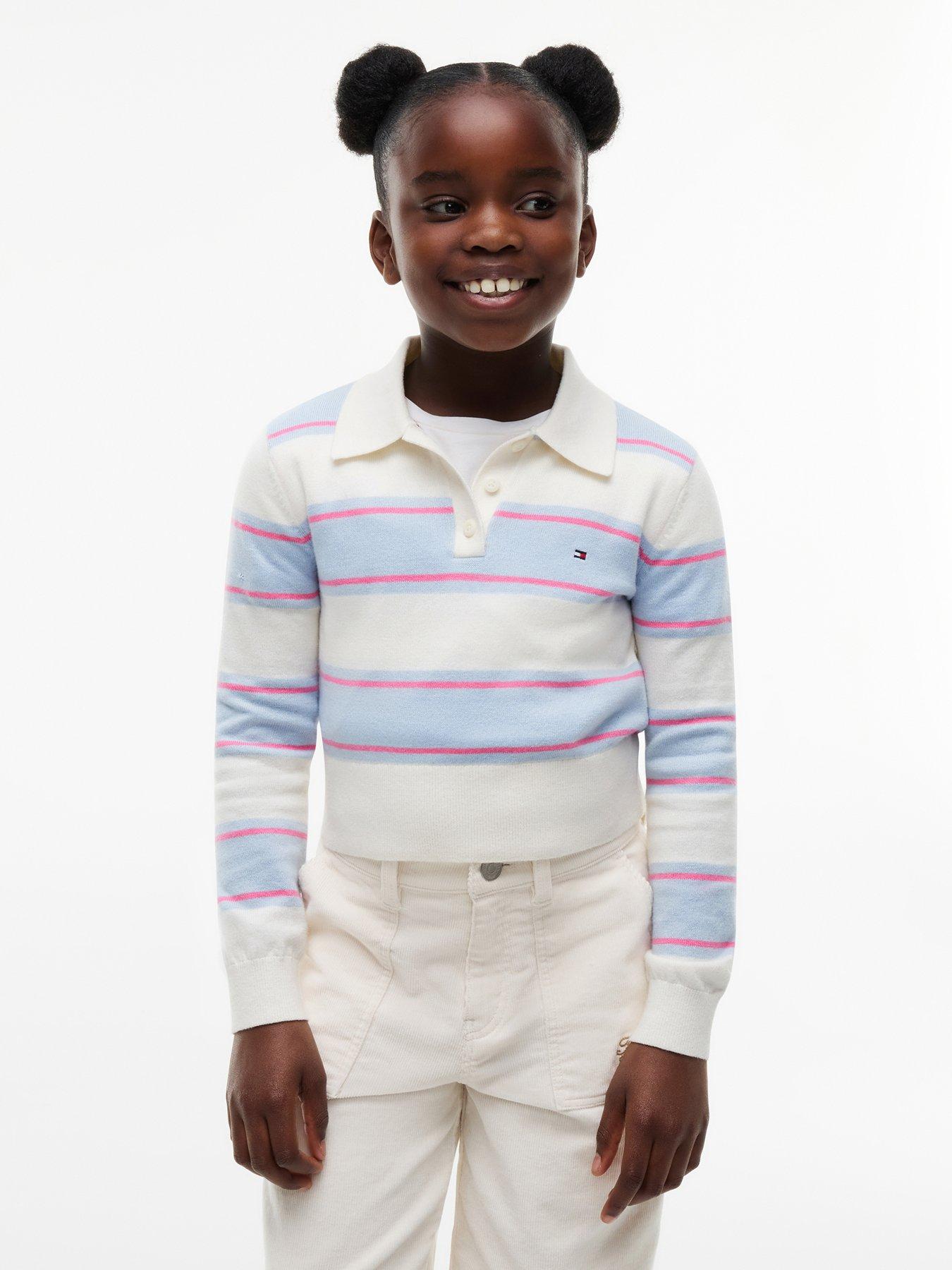 Image 1 of 5 of Tommy Hilfiger Girls Striped Polo Collar Wool Blend Jumper - Light Blue
