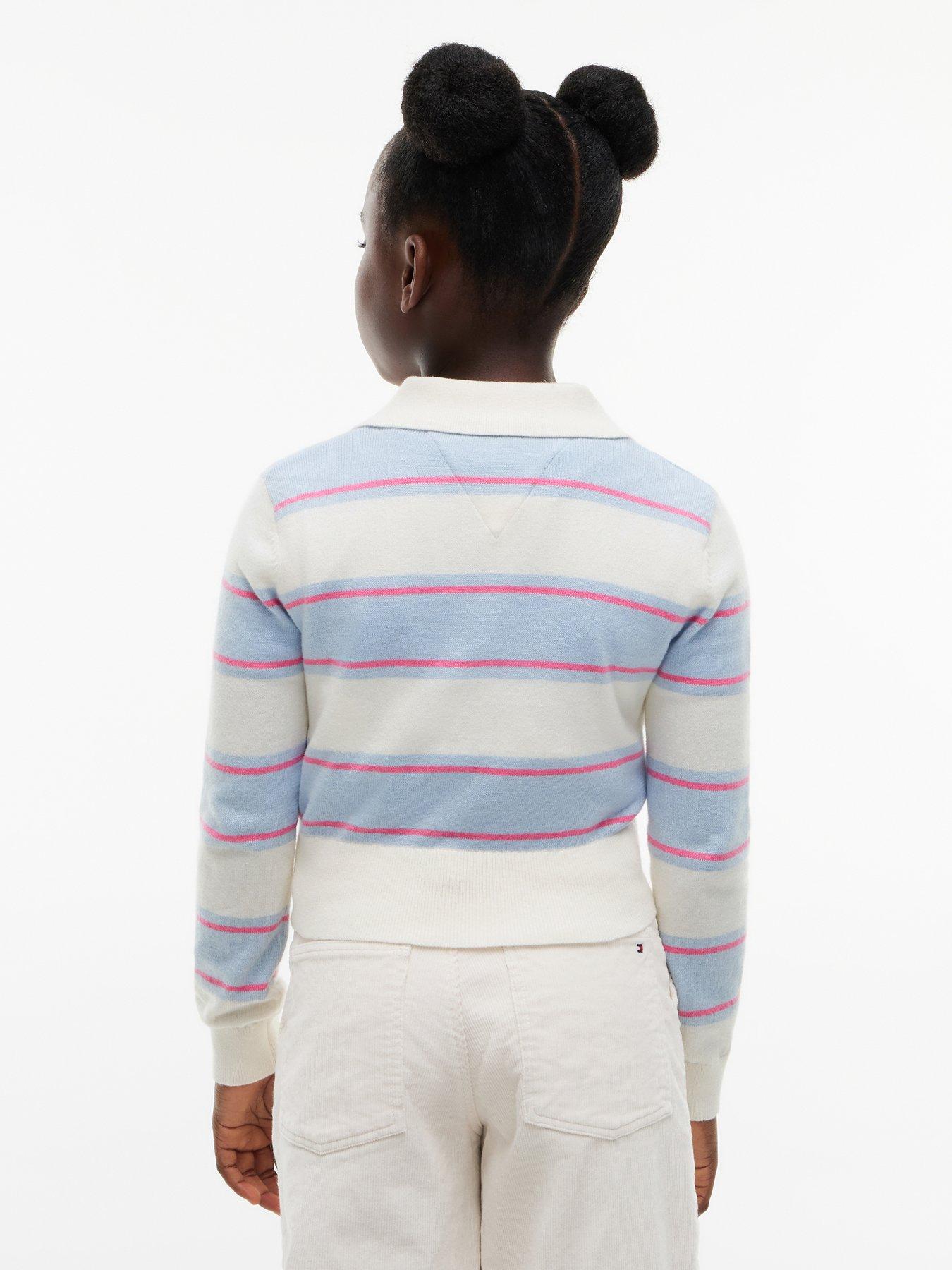 Image 2 of 5 of Tommy Hilfiger Girls Striped Polo Collar Wool Blend Jumper - Light Blue