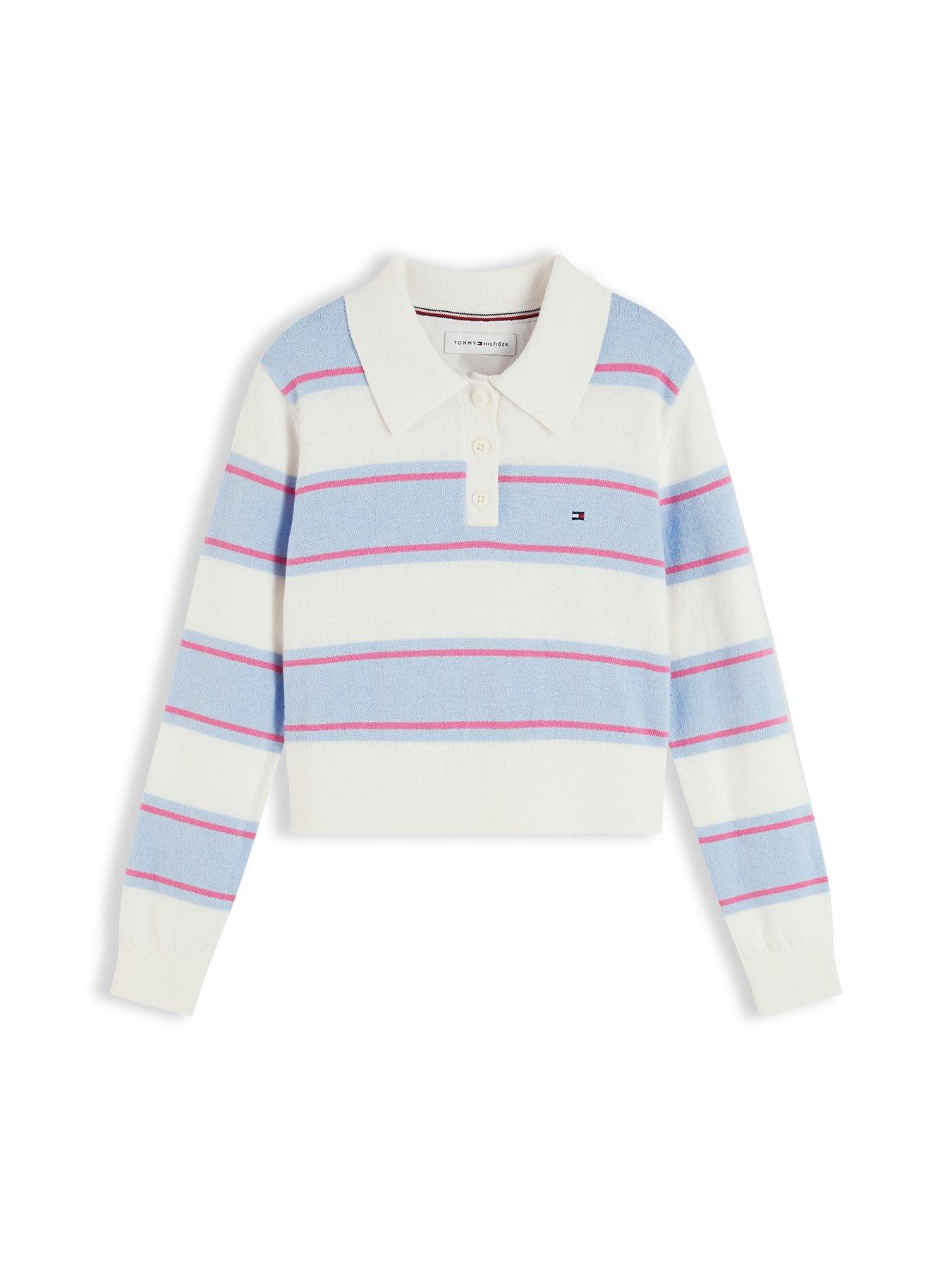 Image 5 of 5 of Tommy Hilfiger Girls Striped Polo Collar Wool Blend Jumper - Light Blue