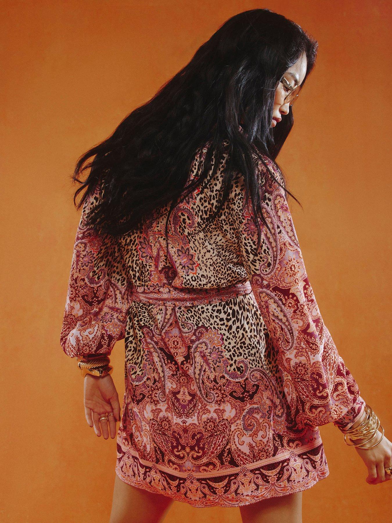 Image 2 of 5 of River Island Border Print Shirt Dress - Brown