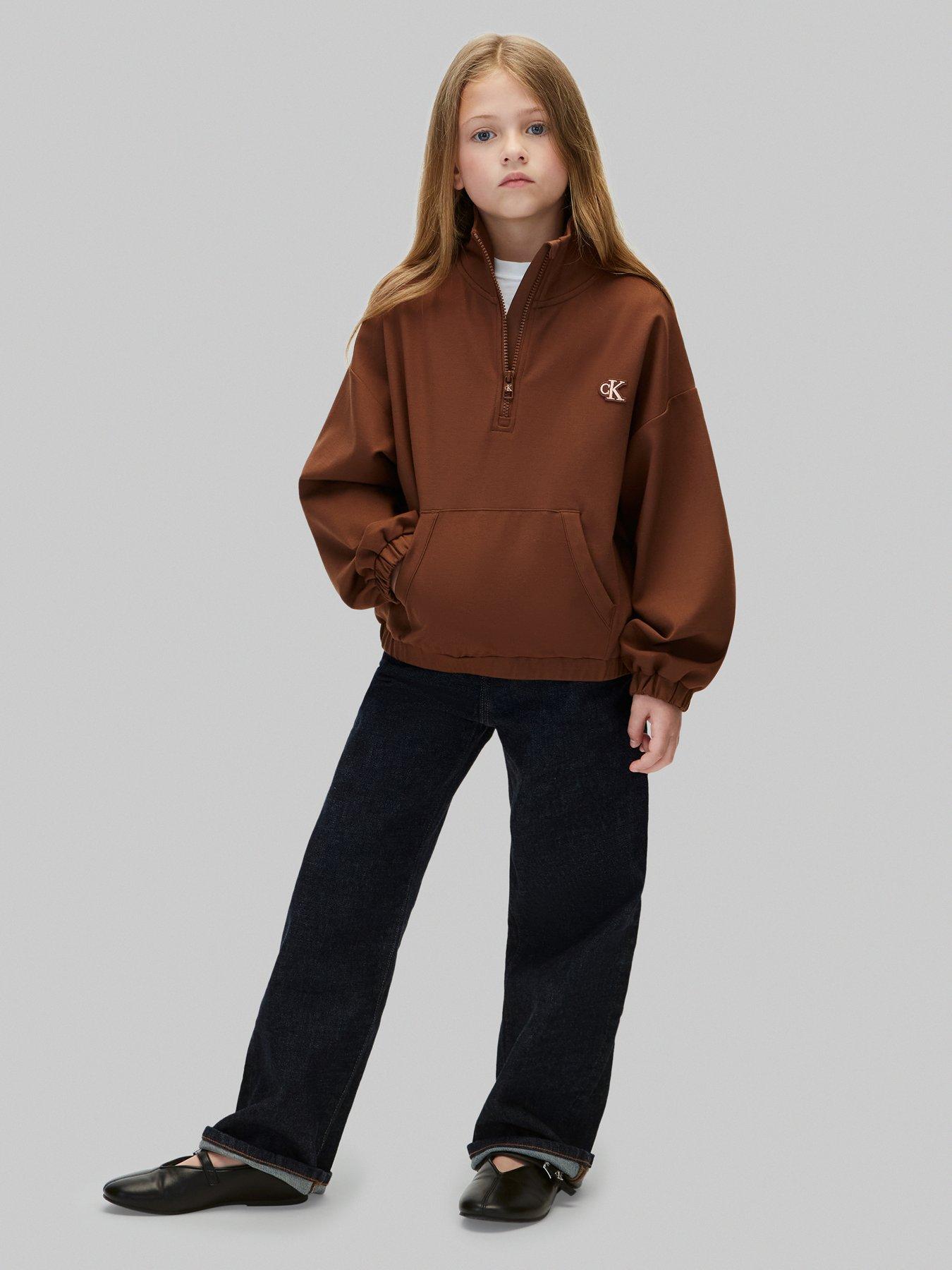 Image 3 of 6 of Calvin Klein Jeans Girls Punto Half-Zip Sweatshirt - Brown