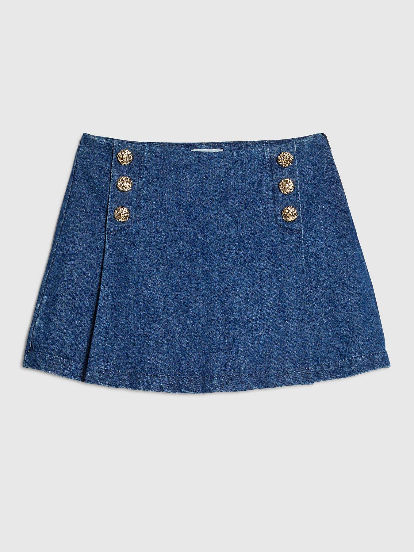 Image 5 of 6 of River Island Womens Denim Brunch Button-Trim Mini Skort - Blue