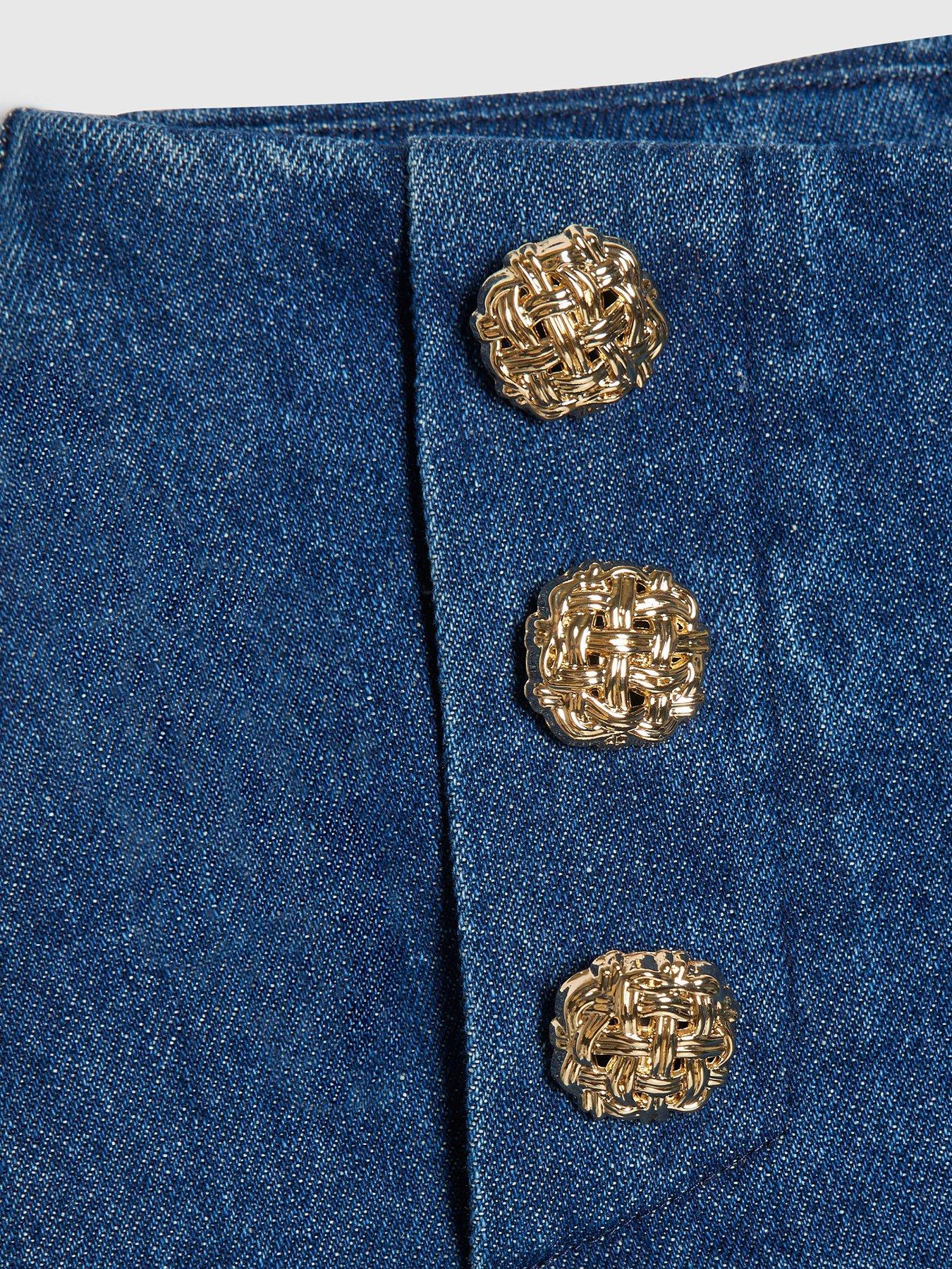 Image 6 of 6 of River Island Womens Denim Brunch Button-Trim Mini Skort - Blue