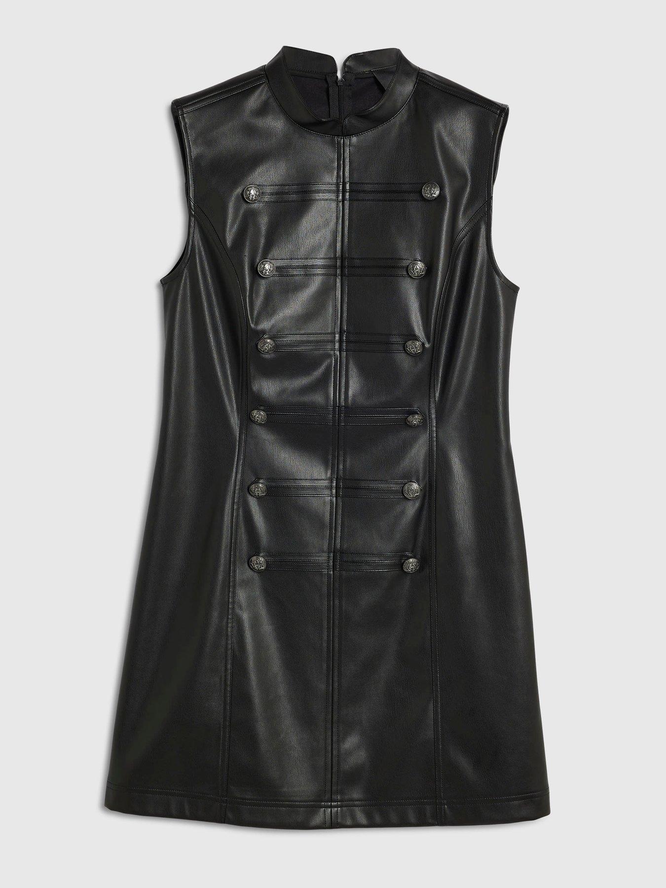 Image 4 of 5 of River Island Womens Drummer Military Button Faux Leather Dress - Black