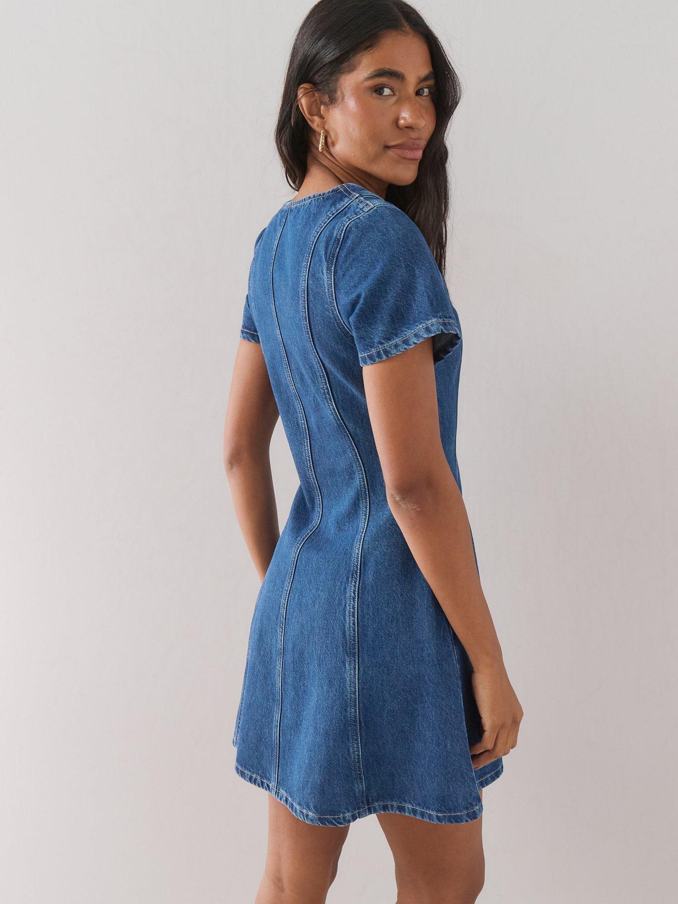 Image 2 of 7 of The Very Collection Zip Through Seam Detail Denim Dress - Dark Wash