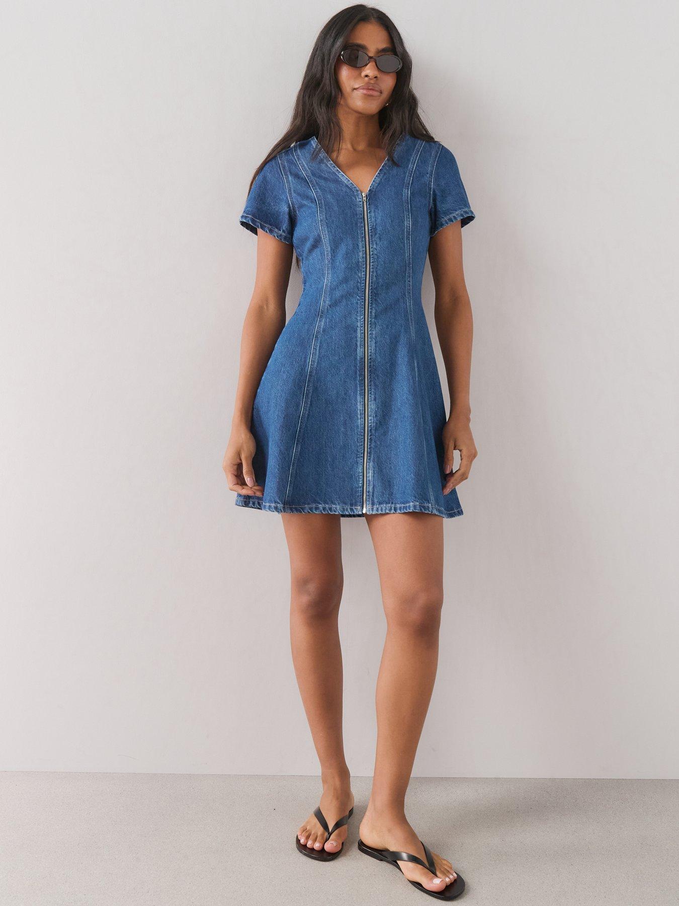 Image 3 of 7 of The Very Collection Zip Through Seam Detail Denim Dress - Dark Wash