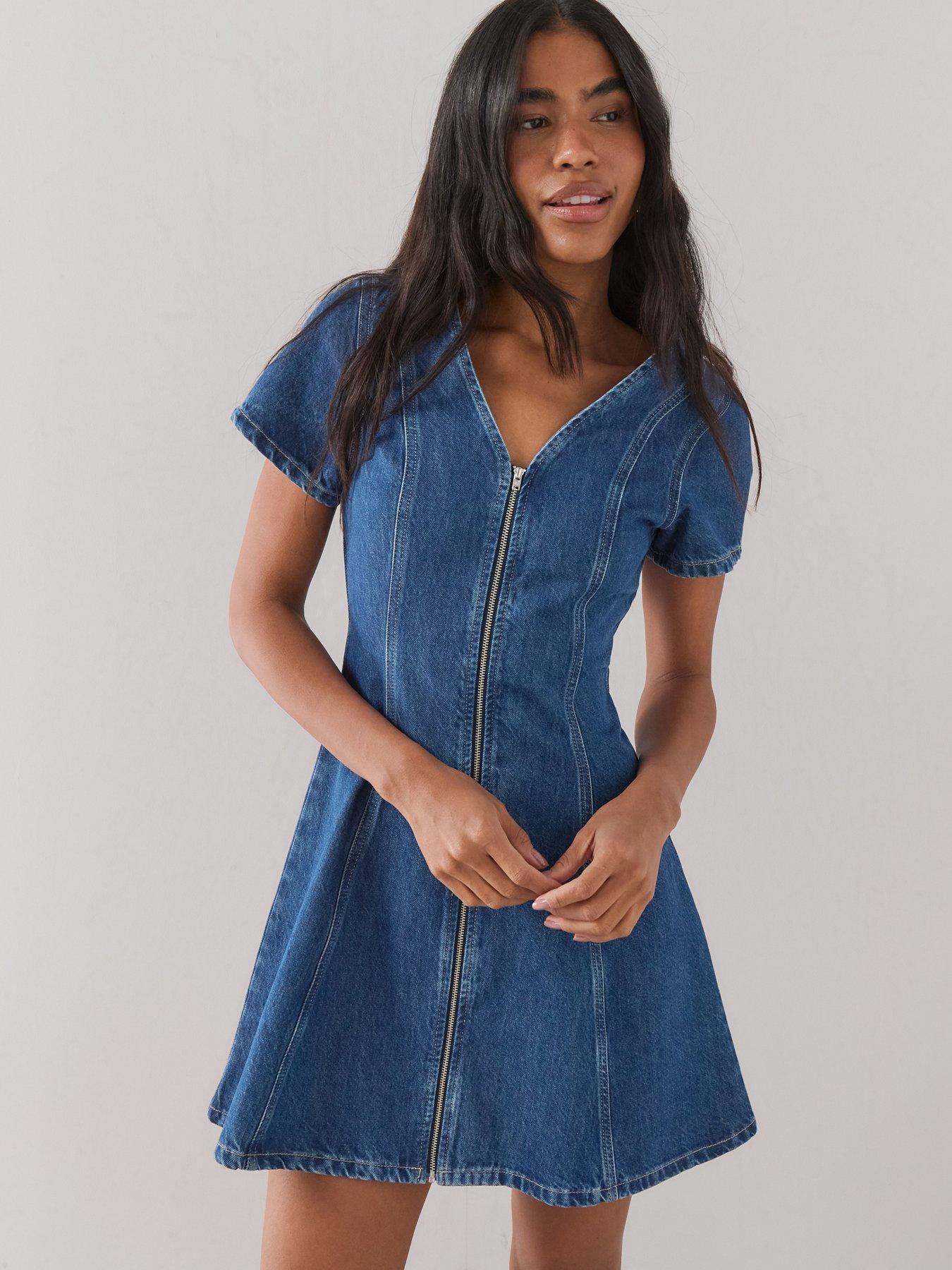 Image 4 of 7 of The Very Collection Zip Through Seam Detail Denim Dress - Dark Wash
