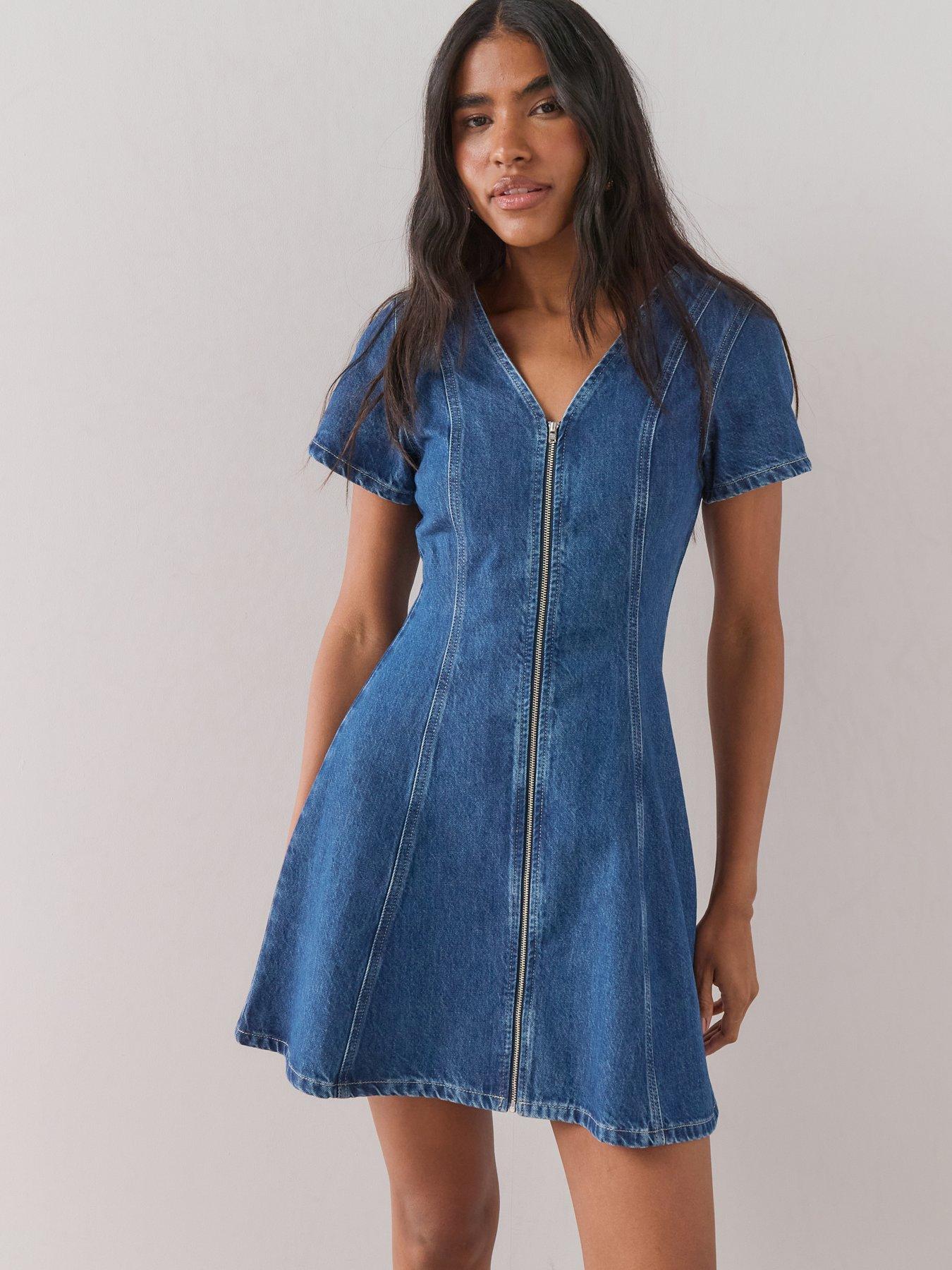 Image 6 of 7 of The Very Collection Zip Through Seam Detail Denim Dress - Dark Wash