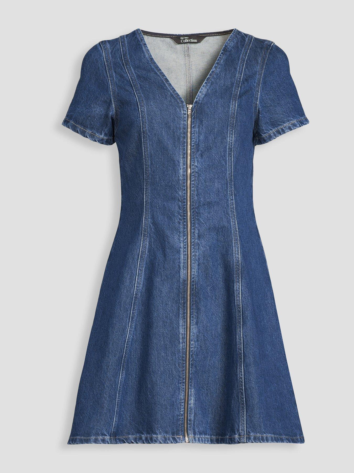 Image 7 of 7 of The Very Collection Zip Through Seam Detail Denim Dress - Dark Wash