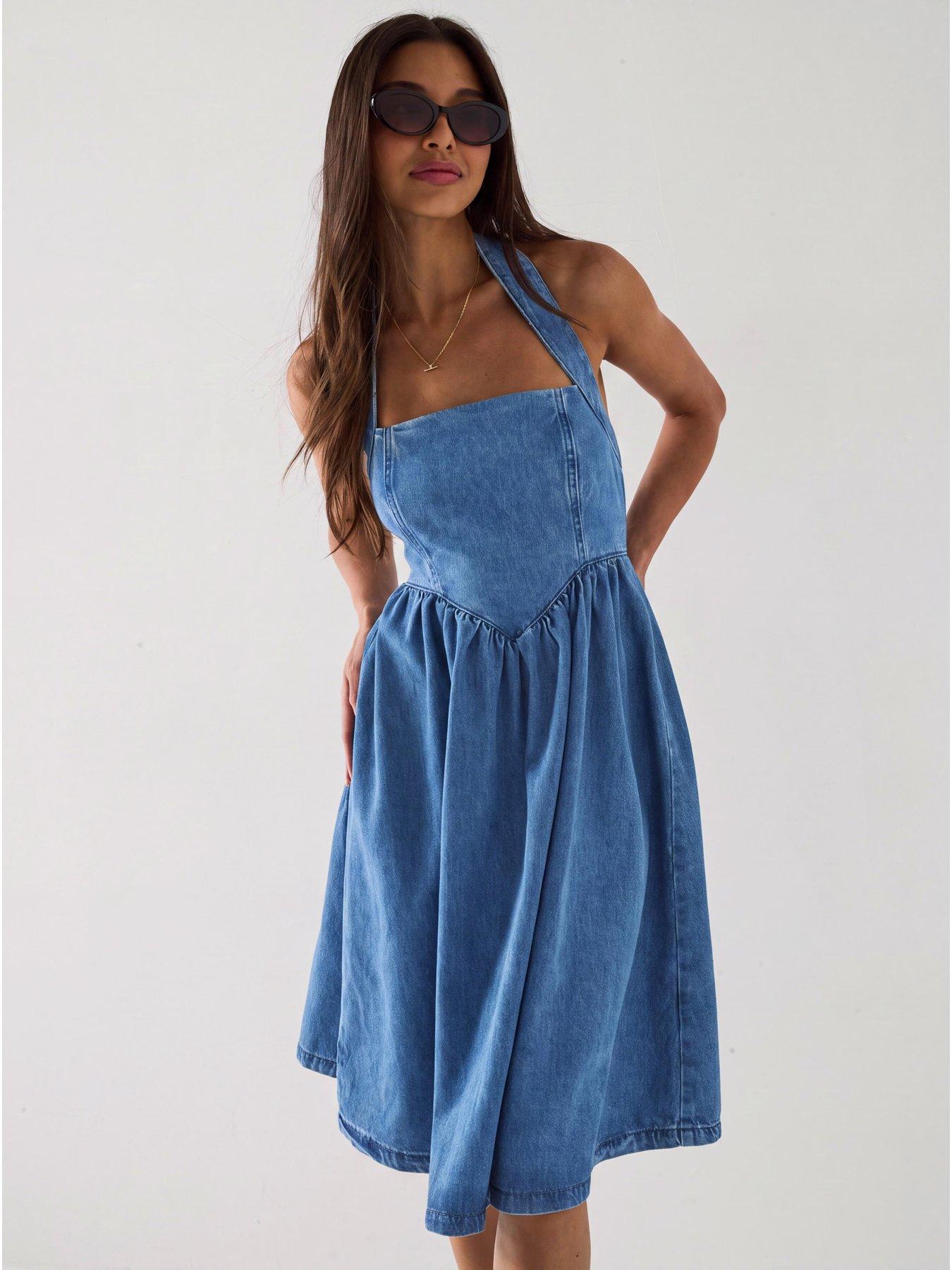The Very Collection Denim Halter Dress - Mid Wash