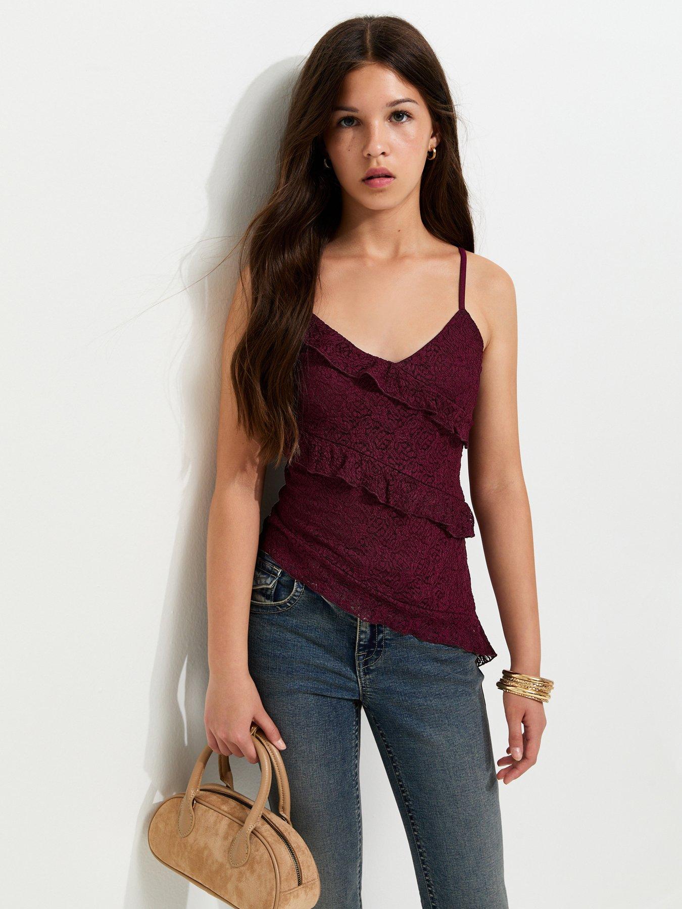 New Look 915 Girls Ruffle Trim Asymmetric Lace Cami Top - Red