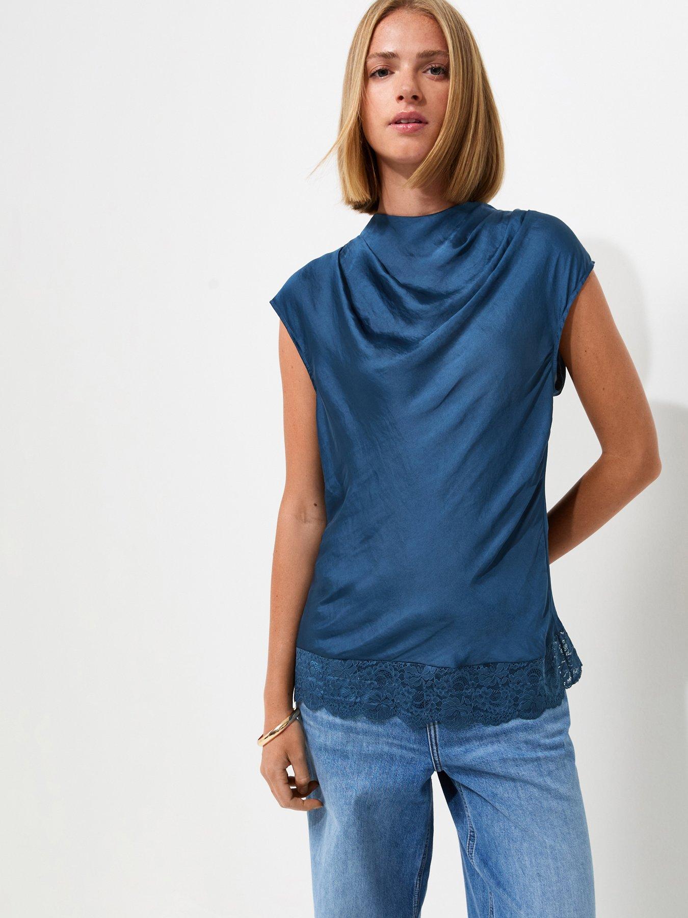 New Look Satin Cowl Neck Lace Hem Top - Blue