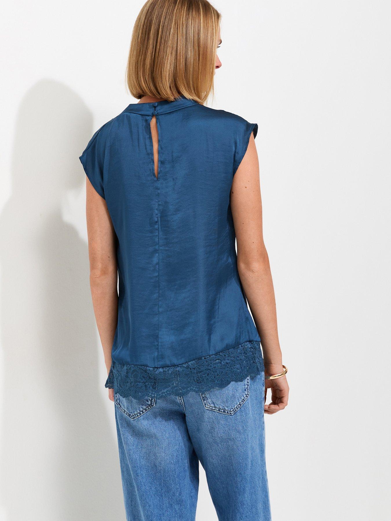Image 2 of 5 of New Look Satin Cowl Neck Lace Hem Top - Blue