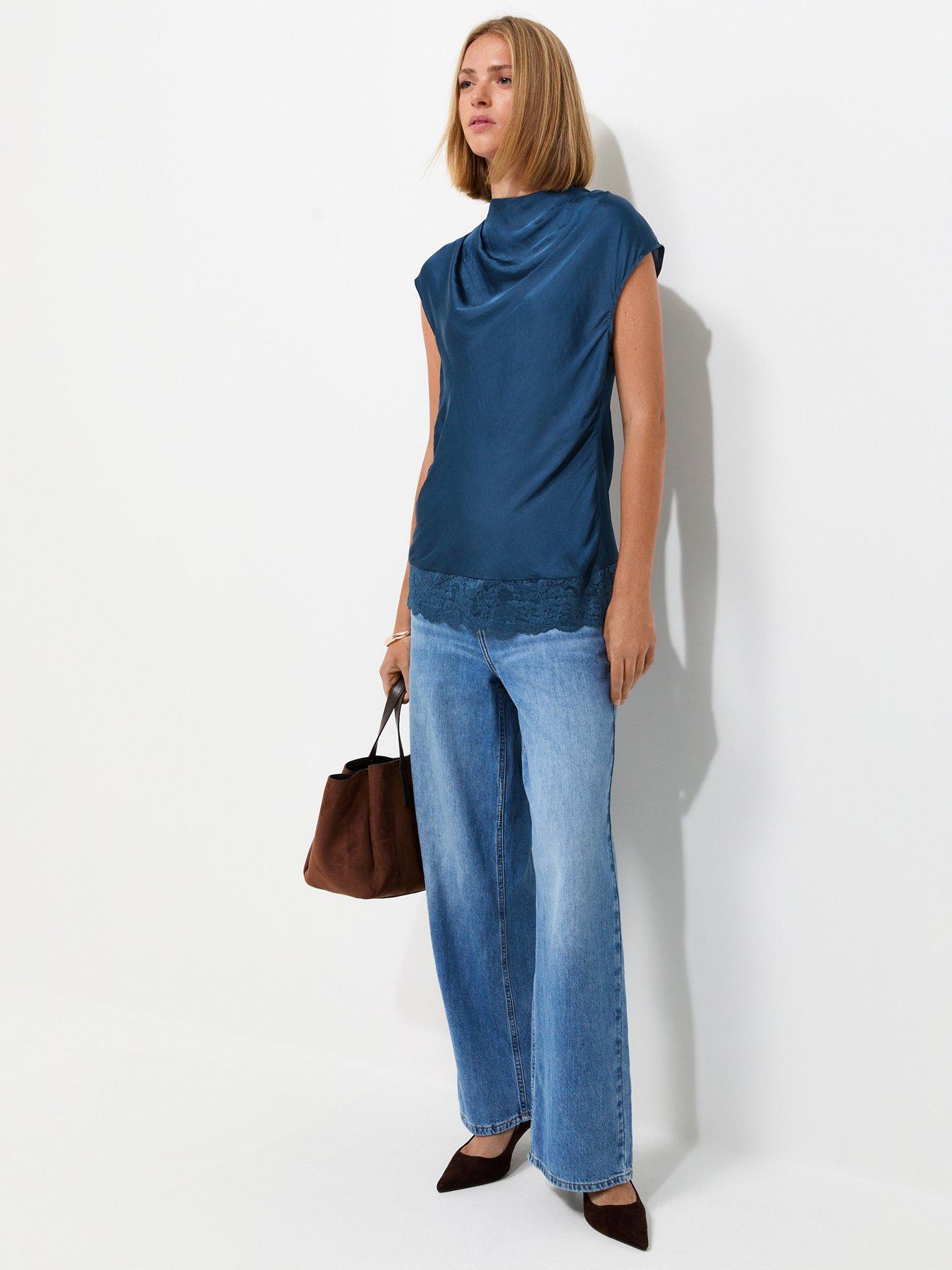 Image 3 of 5 of New Look Satin Cowl Neck Lace Hem Top - Blue