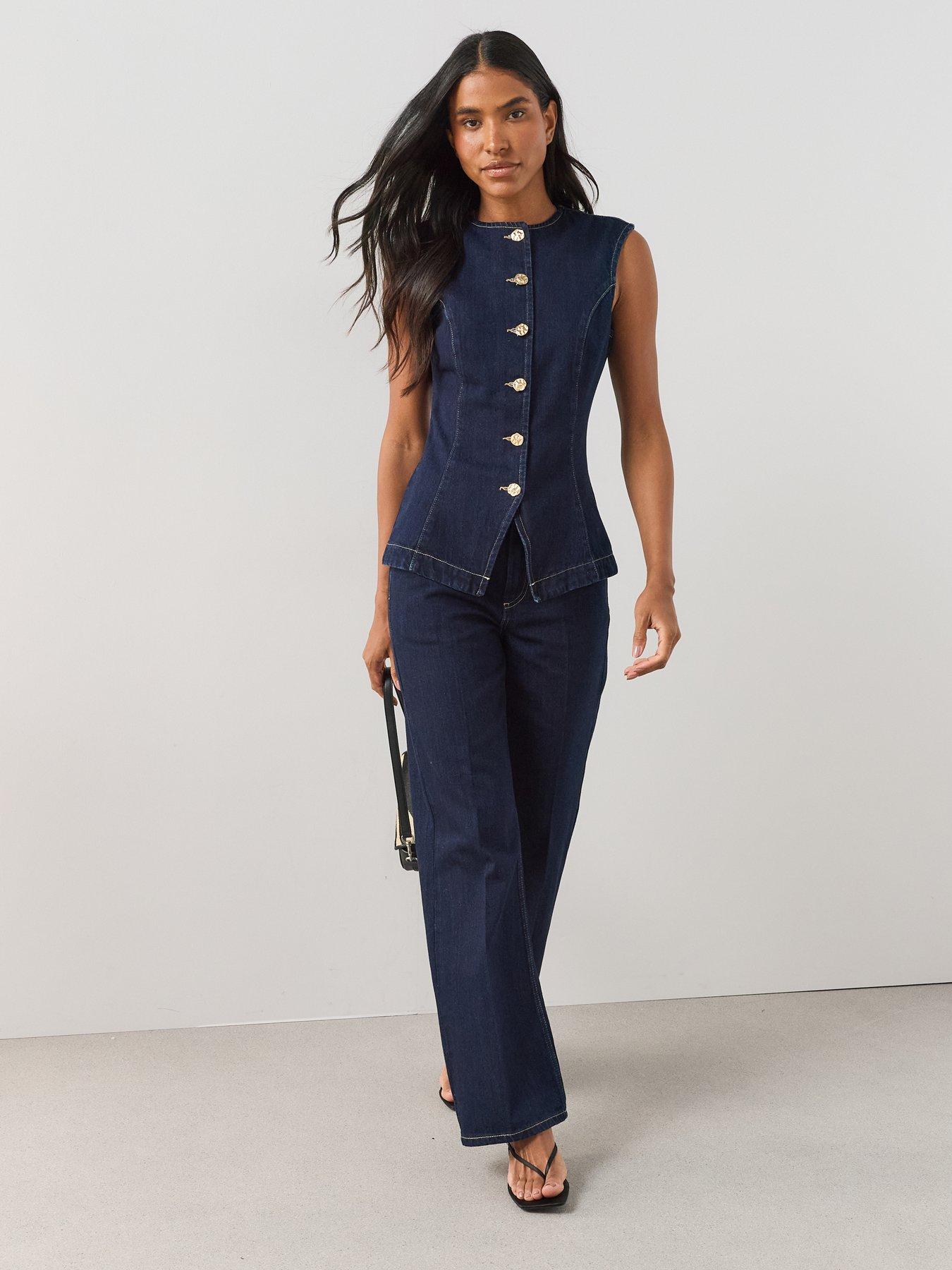 Image 1 of 6 of The Very Collection Crease Front Slim Wide Co-Ord Jeans - Dark Wash
