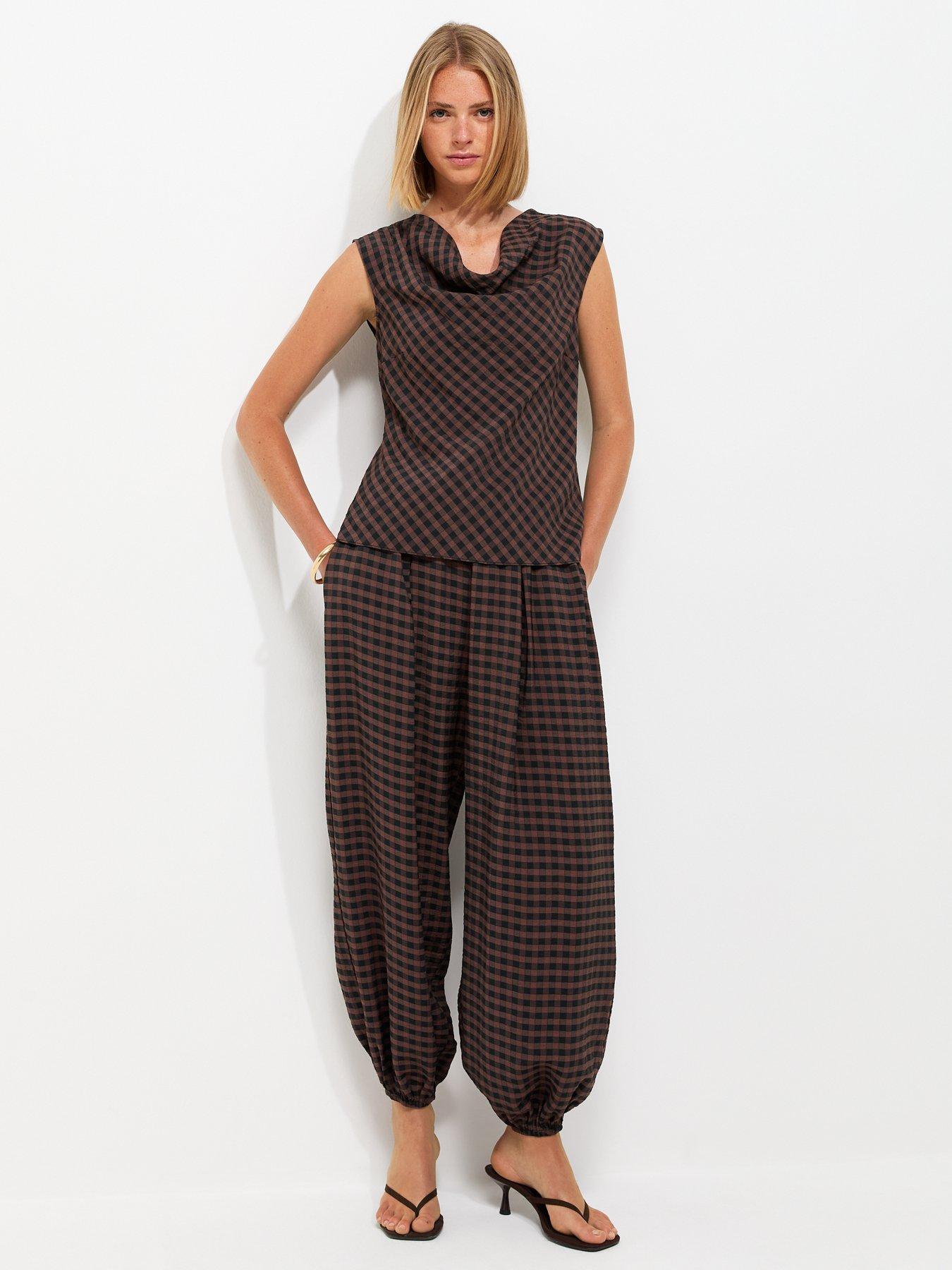 New Look Gingham Print Wide Leg Cuffed Trousers - Brown