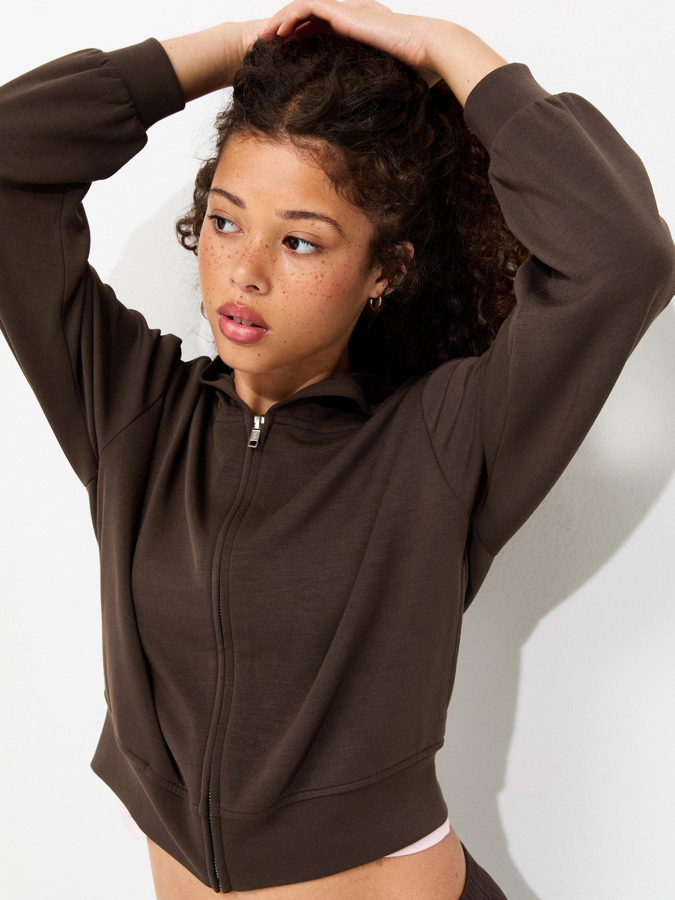 Image 1 of 5 of New Look 915 Girls Soft Touch Zip Front Hoodie - Dark Brown