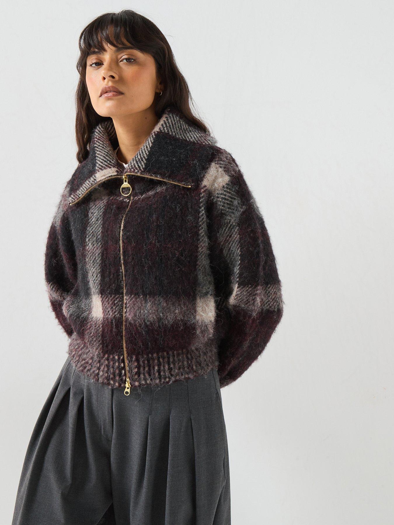 Image 1 of 6 of Barbour Womens Zip-Through Oversized Collar Multi Check Jumper - Multi